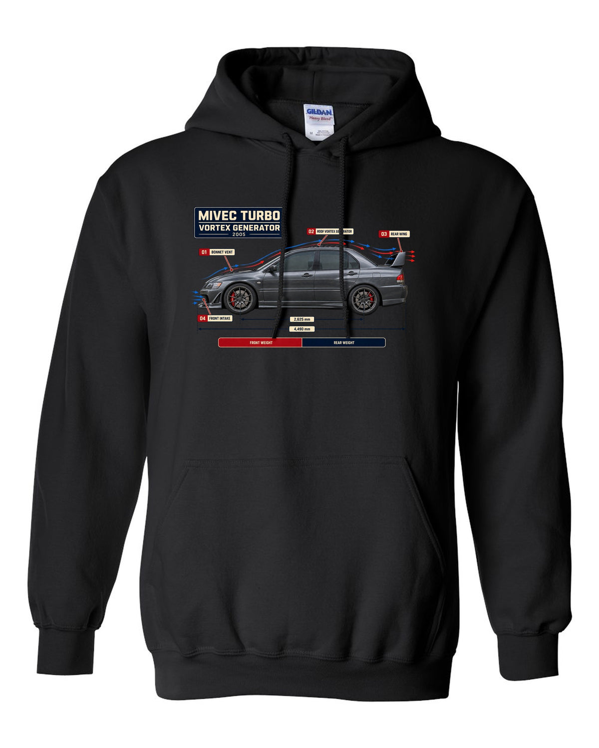 Lancer Evolution IX Aero Callout Diagram Tee, MIVEC Turbo black pull over hoodie front view with the design