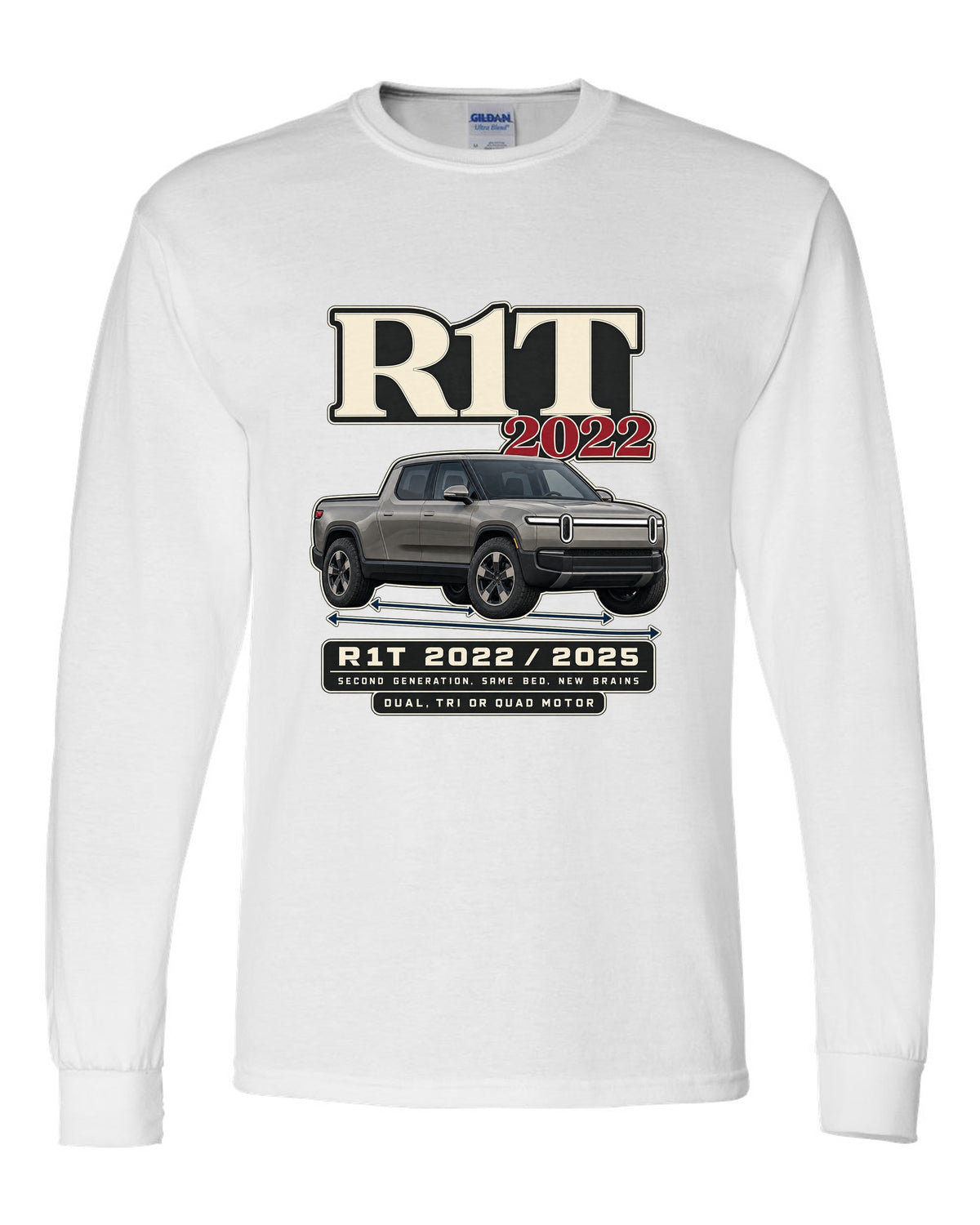 Archive panel print of a Rivian R1T Gen 2 with 2022 and 2025 model years white long sleeve front view with the design