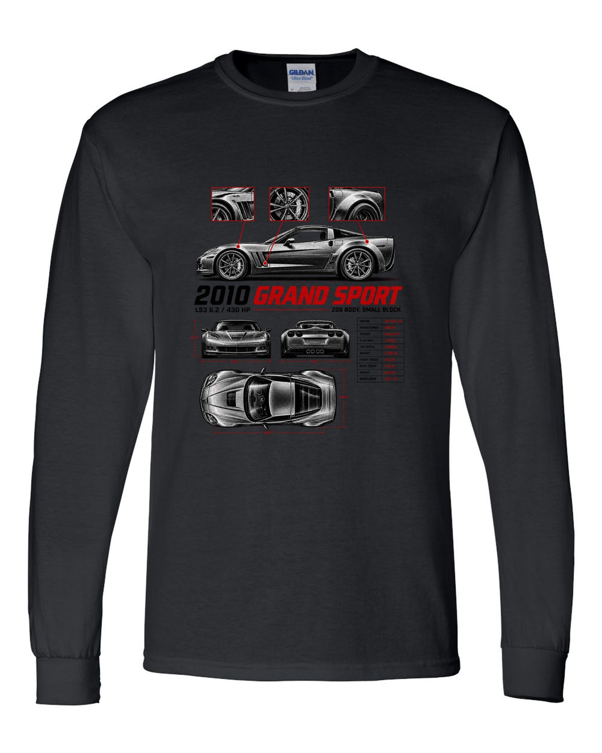 Corvette C6 Grand Sport 2010 with wide haunches, spec poster black long sleeve front view with the design