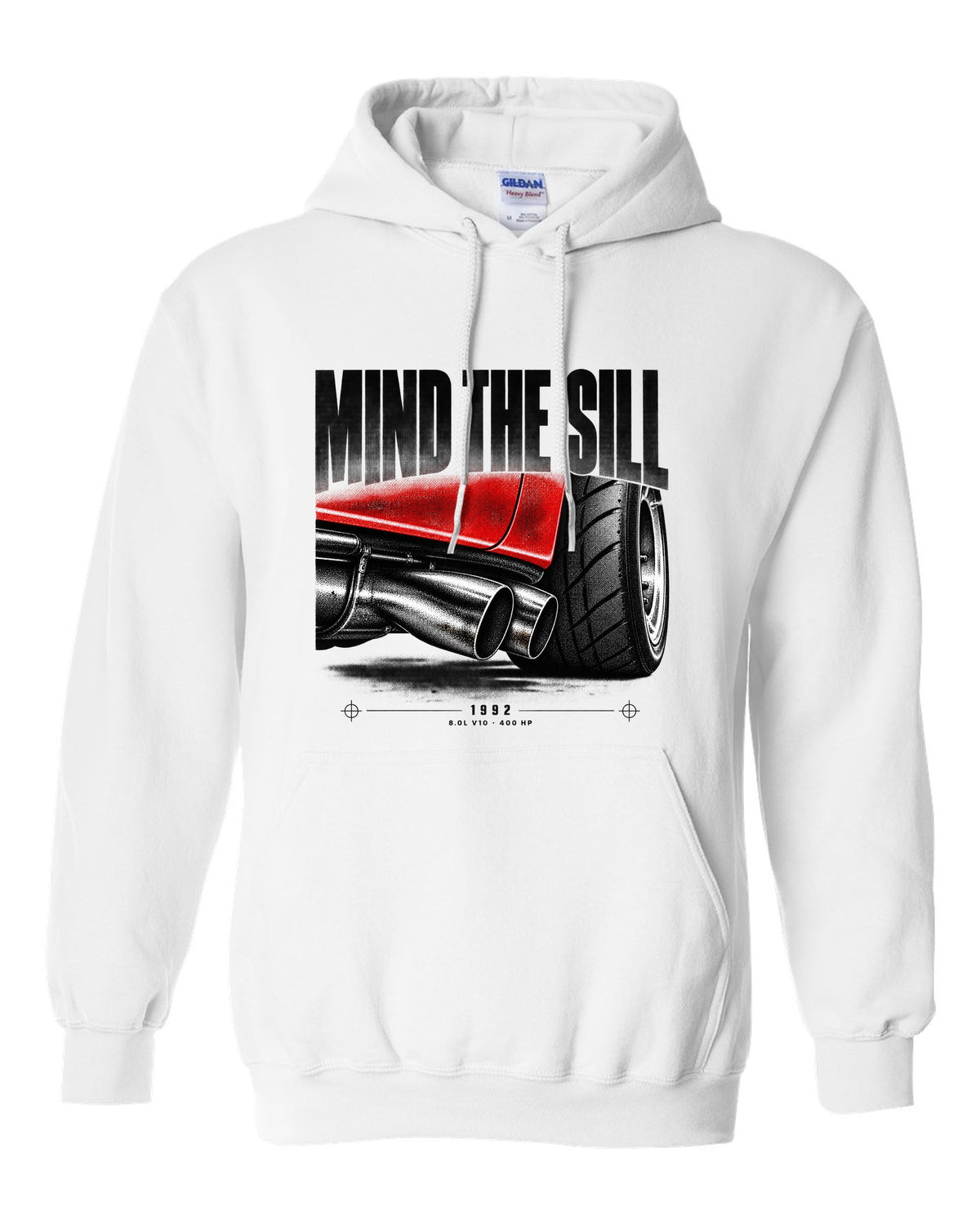 1992 Dodge Viper RT/10 SR I taillight macro print with Mind the Sill lettering white pull over hoodie front view with the design