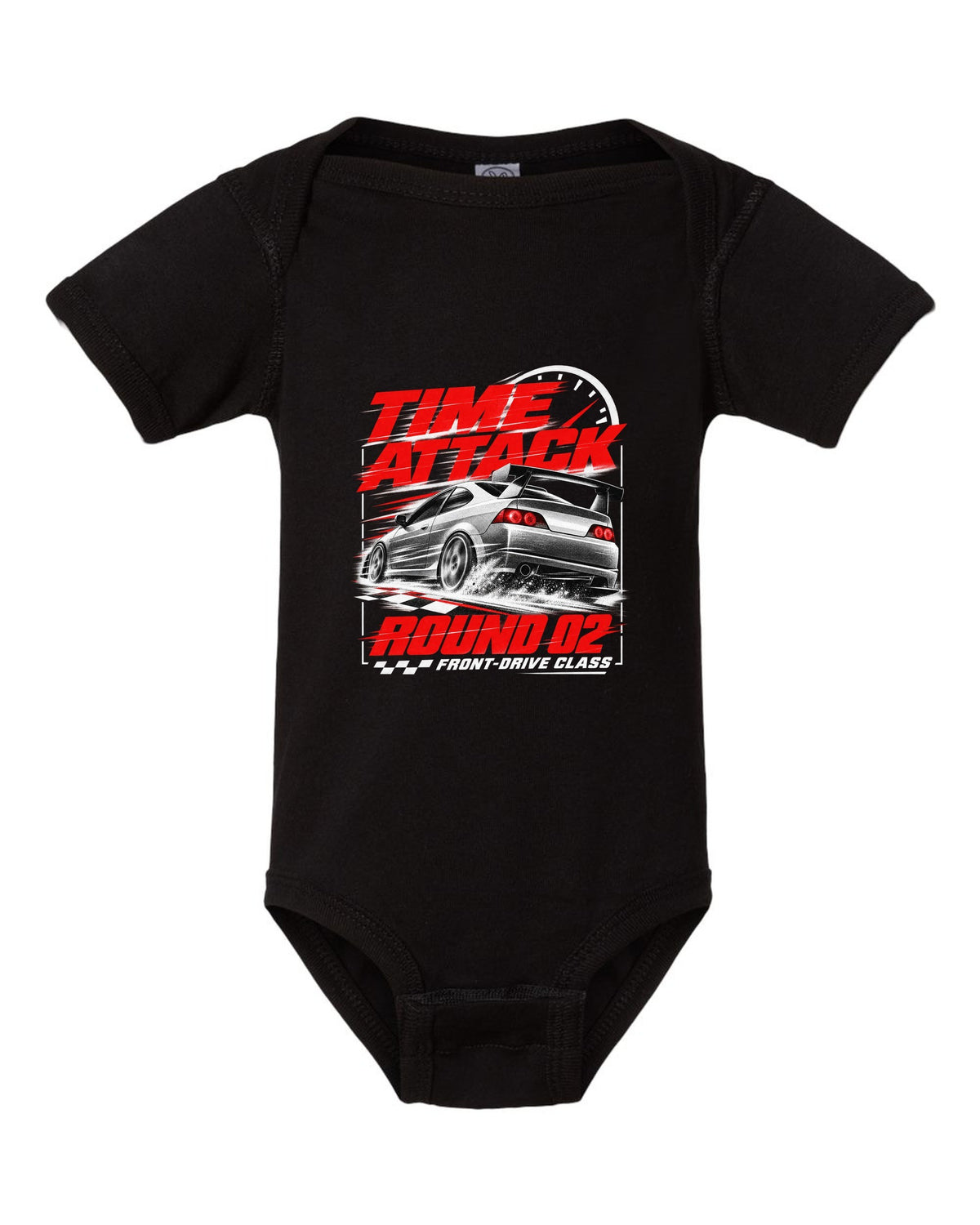 Honda Integra DC5 Type R race poster design for time attack round 02 front-drive class black baby onesie front view with the design