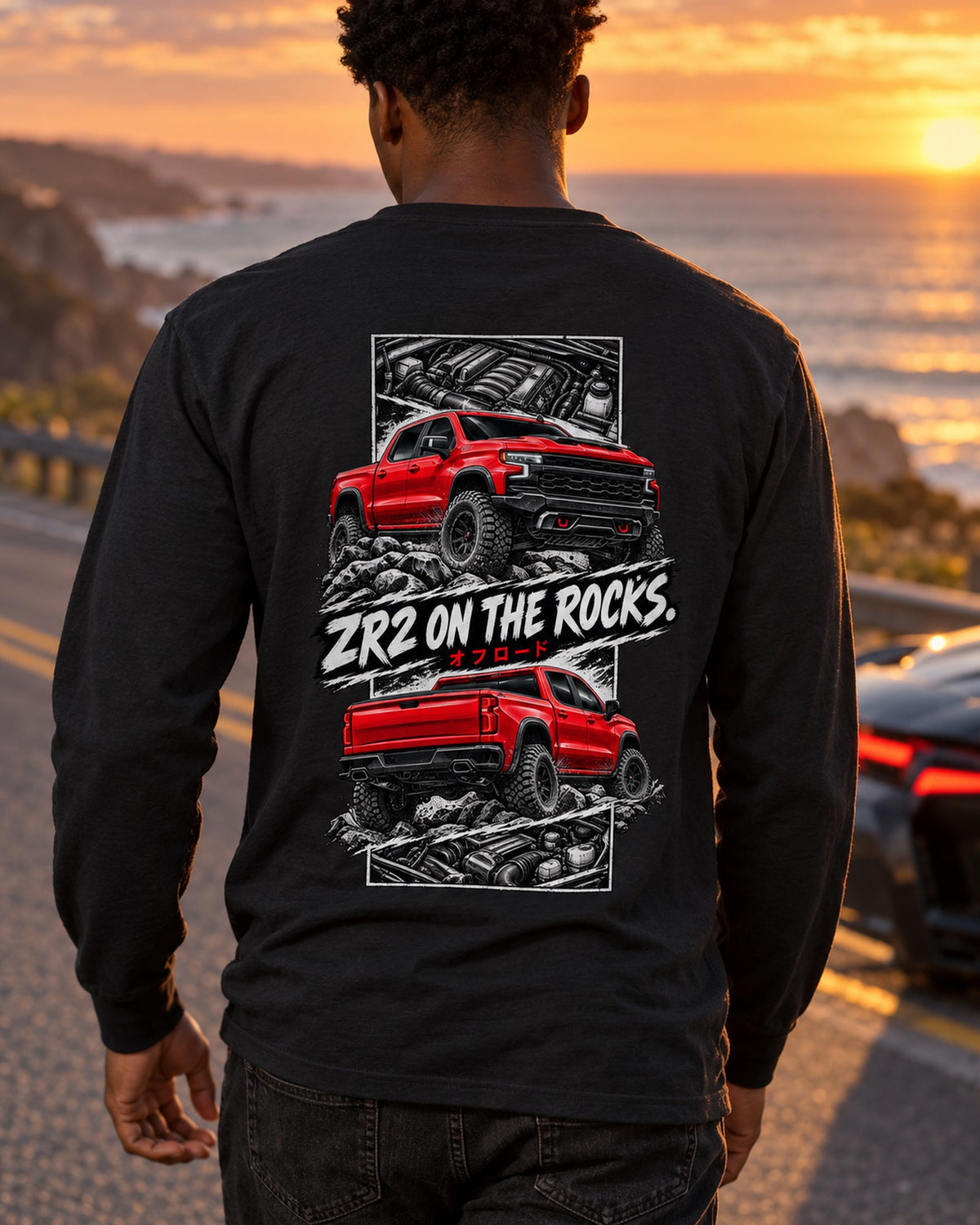 Chevy Silverado Zr2 Torn Poster Full-Back Graphic Tee Long Sleeve Black worn hero