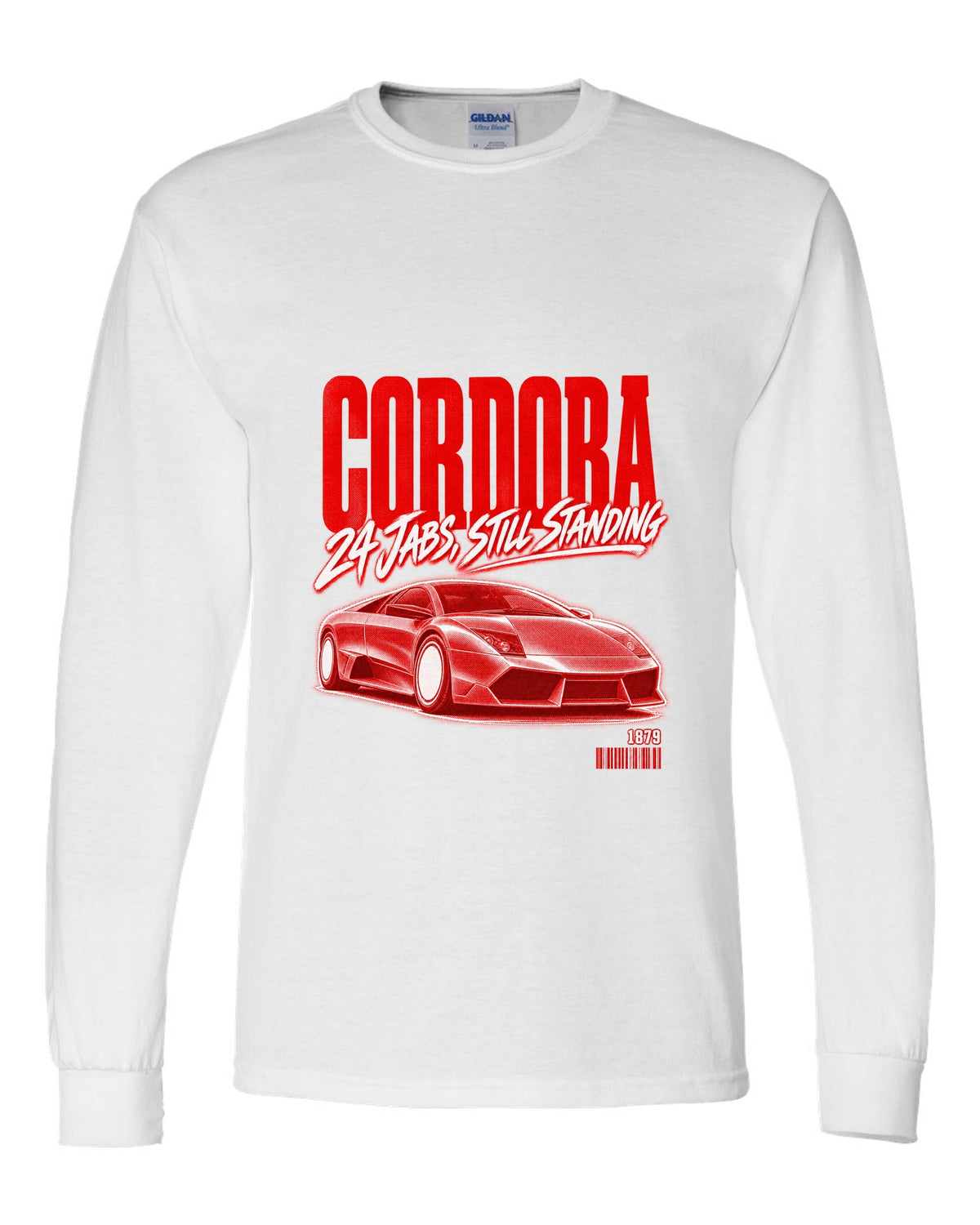 Street poster print of a Lamborghini Murcielago LP640 with Cordoba and 1879 text white long sleeve front view with the design