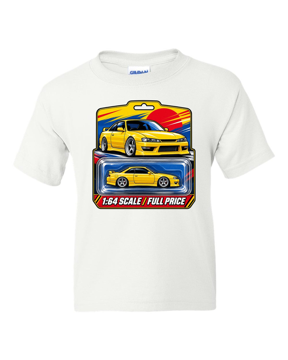 Toy blister card layout print of a Nissan Silvia S14 with 1:64 scale full price text white kids tee front view with the design