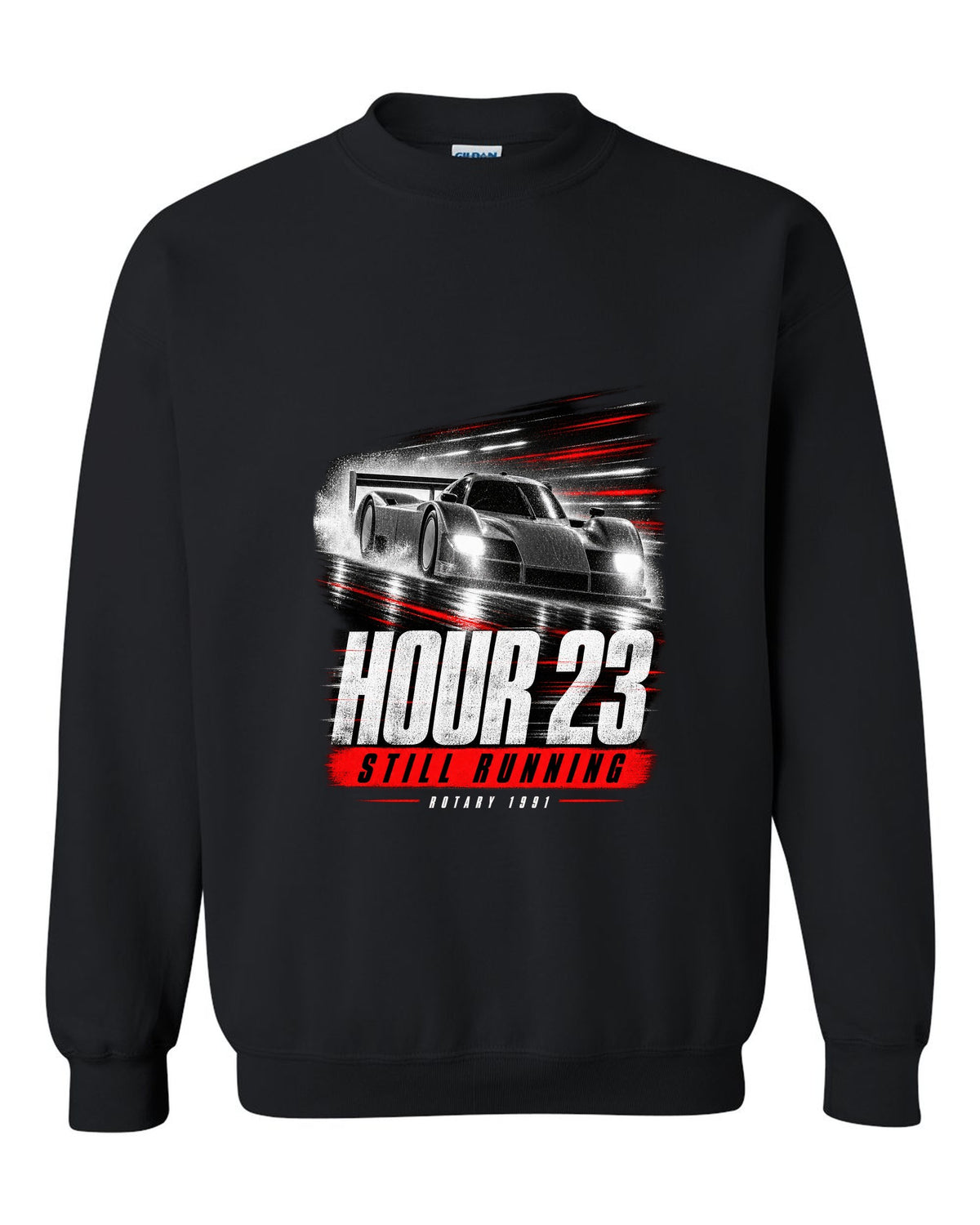 Cropped Mazda 787B race poster reading hour 23 still running rotary 1991 black crewneck front view with the design