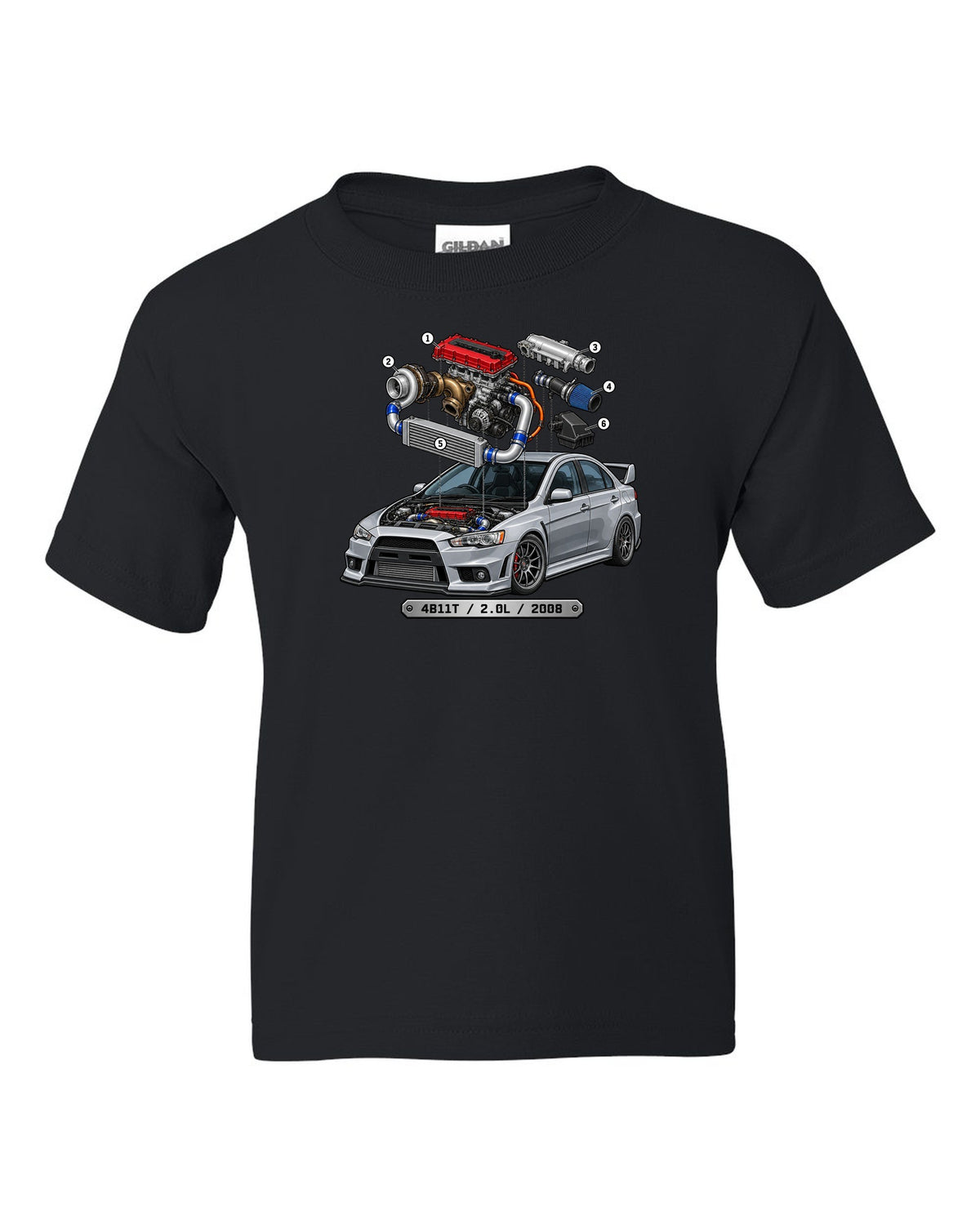 Exploded engine cutaway print for the Mitsubishi Evo X CZ4A with 4B11T 2.0L 2008 text black kids tee front view with the design