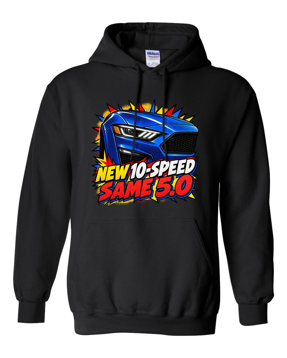 Comic halftone pop-art print of a 2018-23 Ford Mustang S550 GT front end black pull over hoodie front view with the design