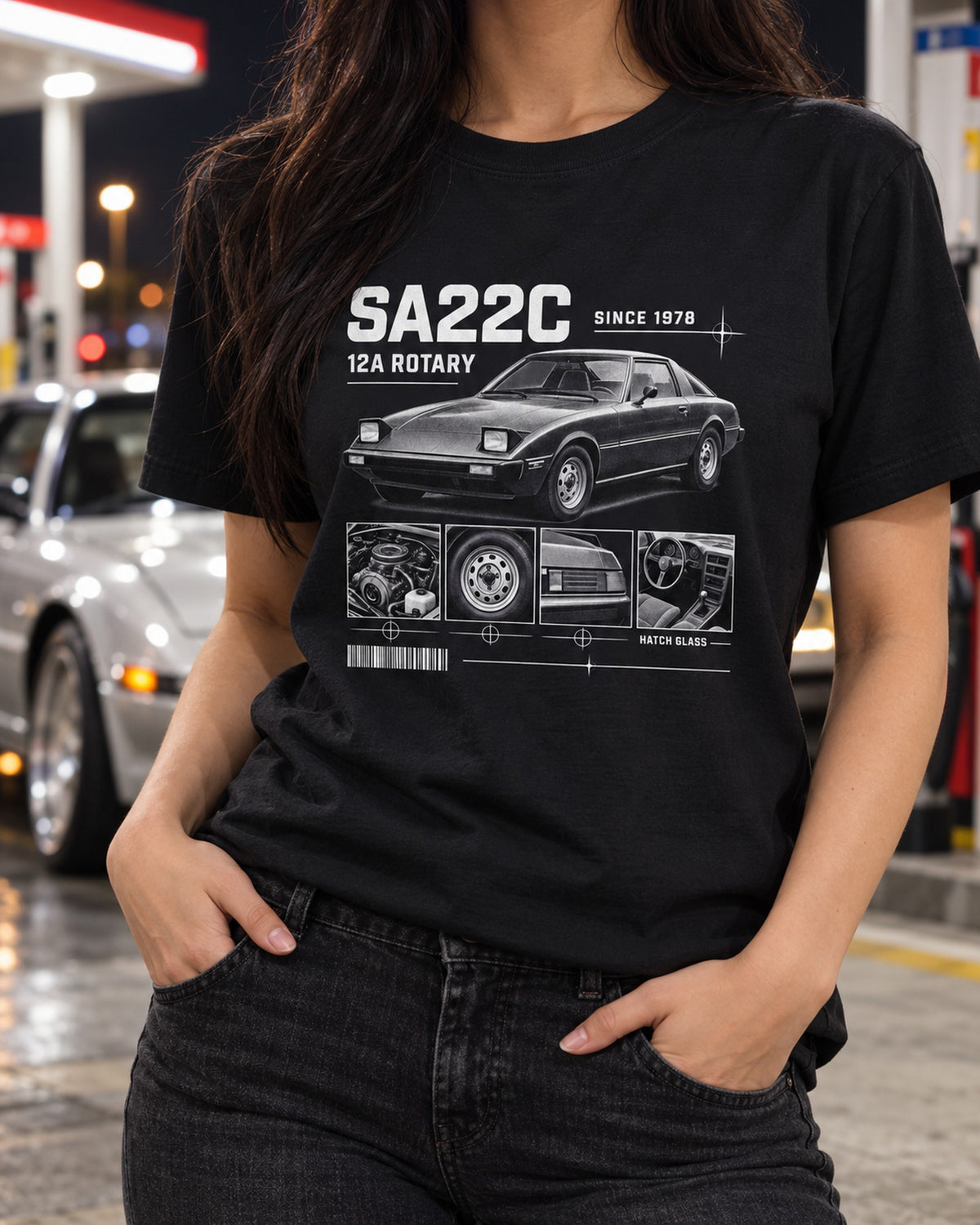 Mazda RX-7 SA22C Rotary Dossier Tee, First Gen RX-7 Shirt T-Shirt Black worn hero