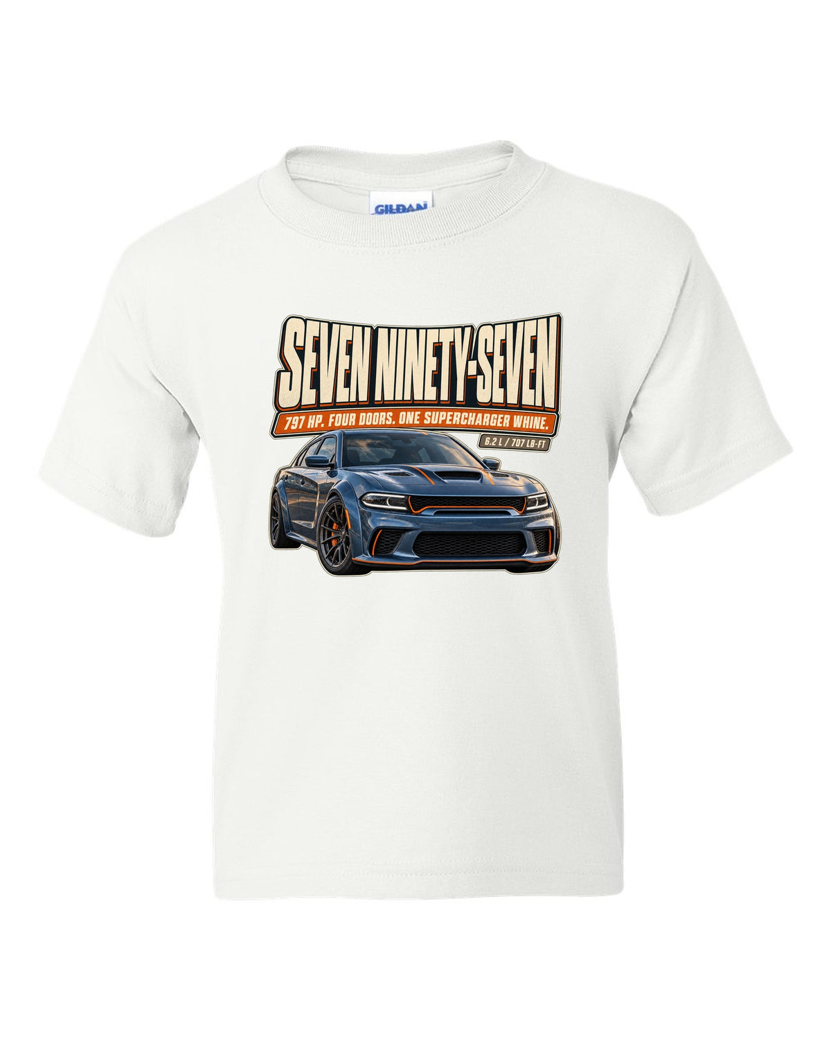 Dodge Charger SRT Hellcat Redeye Widebody editorial headline print white kids tee front view with the design