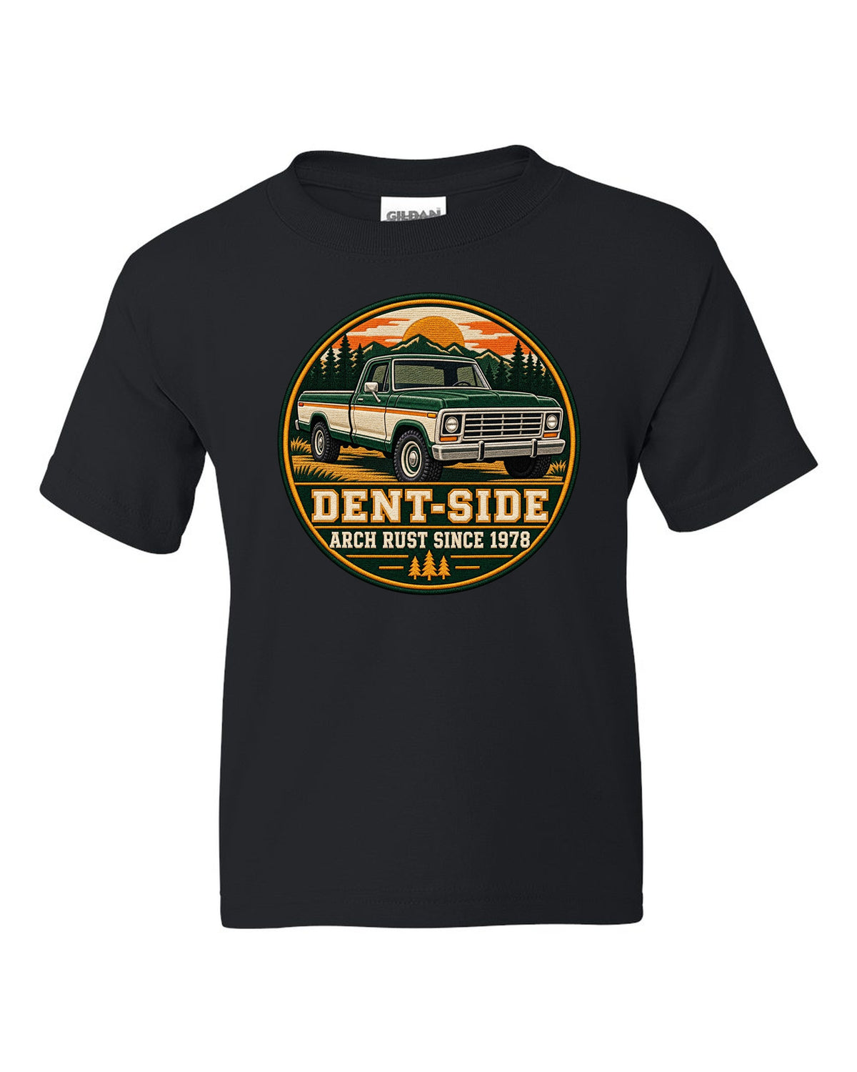 Dent-Side Ford F-150 1973-79 Varsity Crest Graphic Tee black kids tee front view with the design