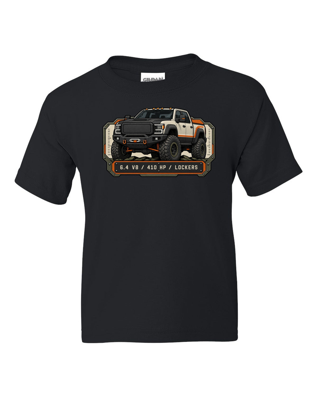 Spec-sheet data plate print of a Ram Power Wagon 2500 winch bumper with 6.4 V8 410 HP lockers text black kids tee front view with the design