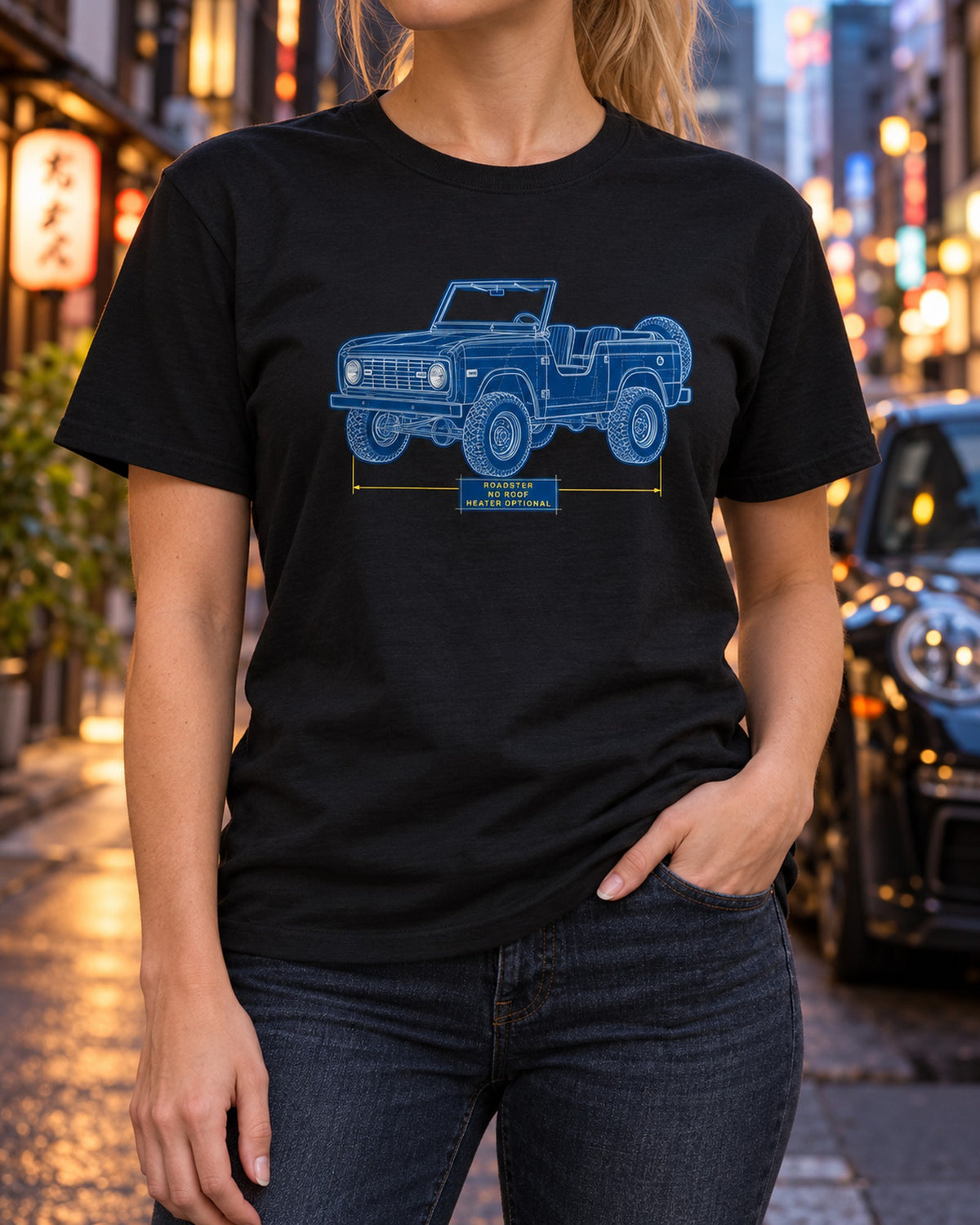 1966 Ford Bronco U13 Roadster Cyanotype Trail Map Plan View Tee T-Shirt Black worn hero