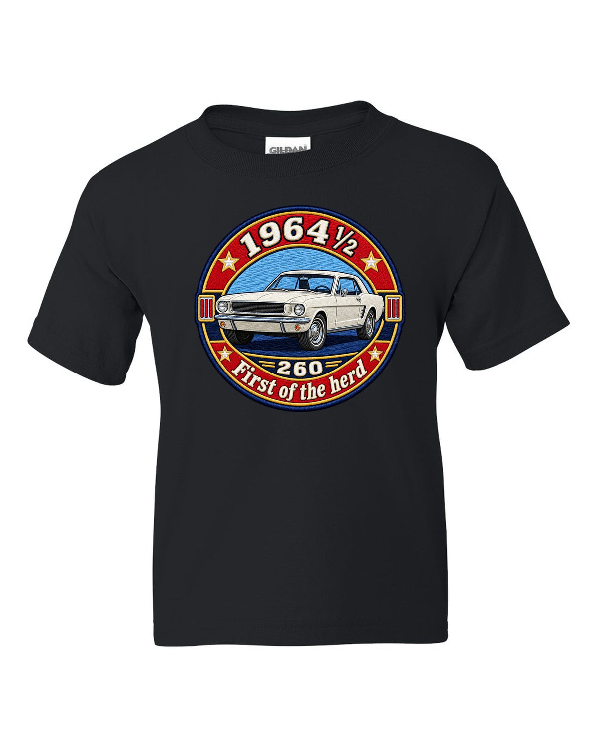 Varsity crest design of a 1964½ Ford Mustang coupe with 260 lettering black kids tee front view with the design