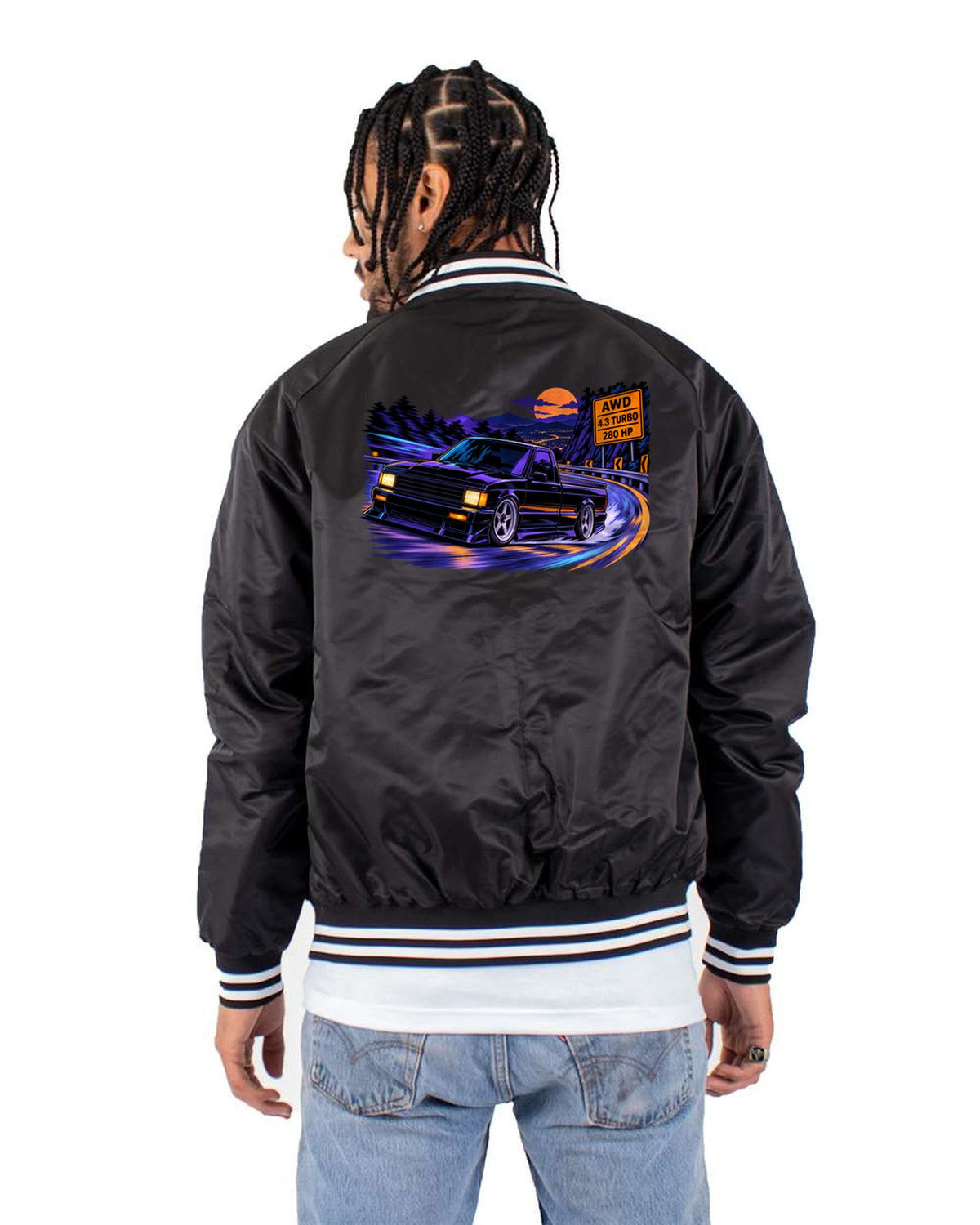 GMC Syclone 1991 Mountain Pass Anime Shirt, 4.3 Turbo AWD Truck Tee Bomber Jacket Black back