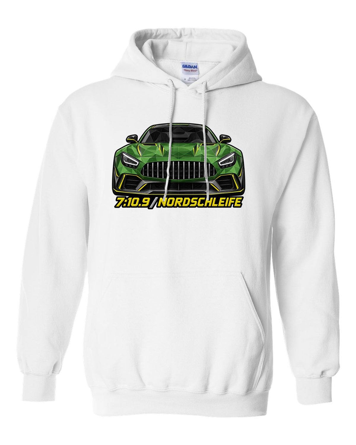 Low-poly wireframe illustration of a Mercedes AMG GT R C190 with 7:10.9 Nordschleife text white pull over hoodie front view with the design