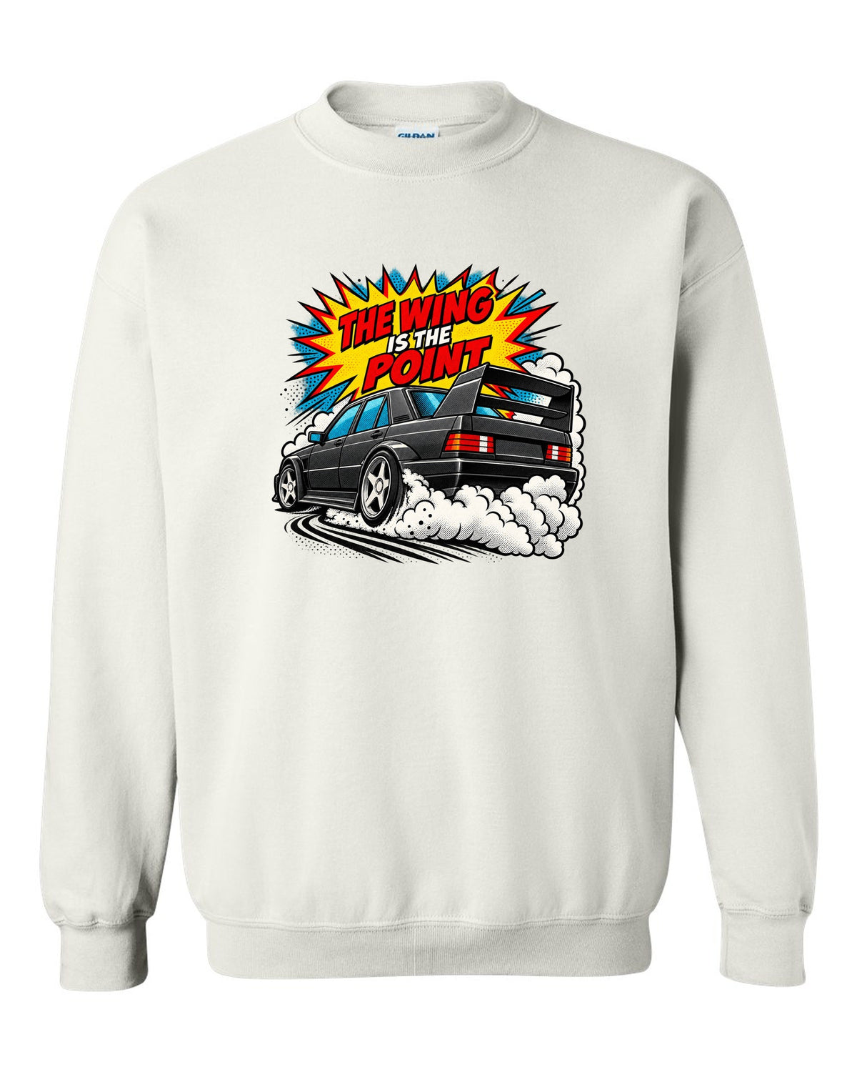 Comic halftone pop-art print of a Mercedes 190E Evo II W201 with rear wing white crewneck front view with the design