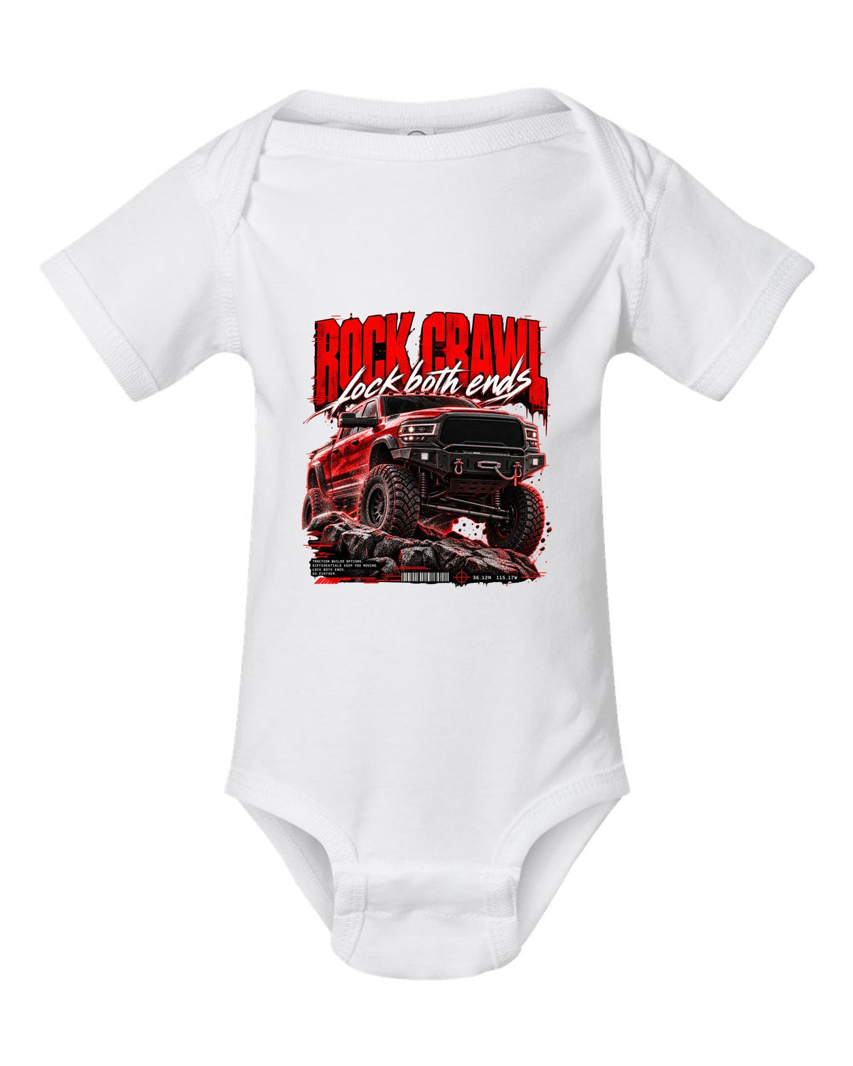 Street poster print of a 2019-2024 Ram 2500 Power Wagon with winch bumper white baby onesie front view with the design