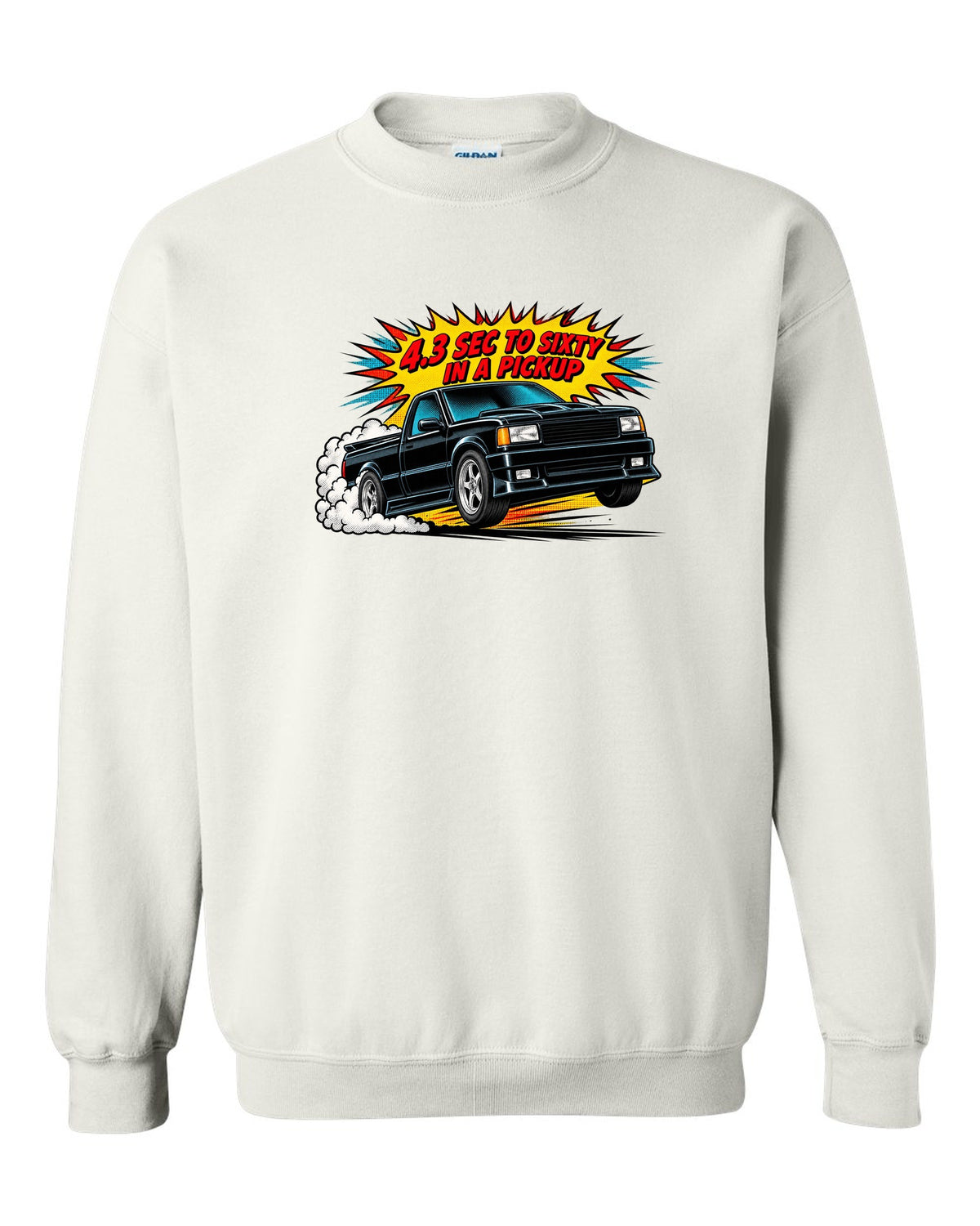 Comic halftone pop-art launch burst print of a 1991 GMC Syclone with 4.3 sec to sixty text white crewneck front view with the design