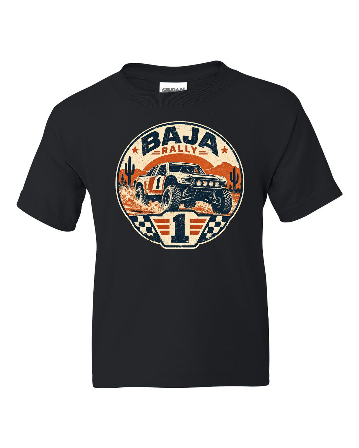 Stencil street-art of a 2022 Ford Bronco off-road race truck with 15 PSI AIRED DOWN lettering black kids tee front view with the design