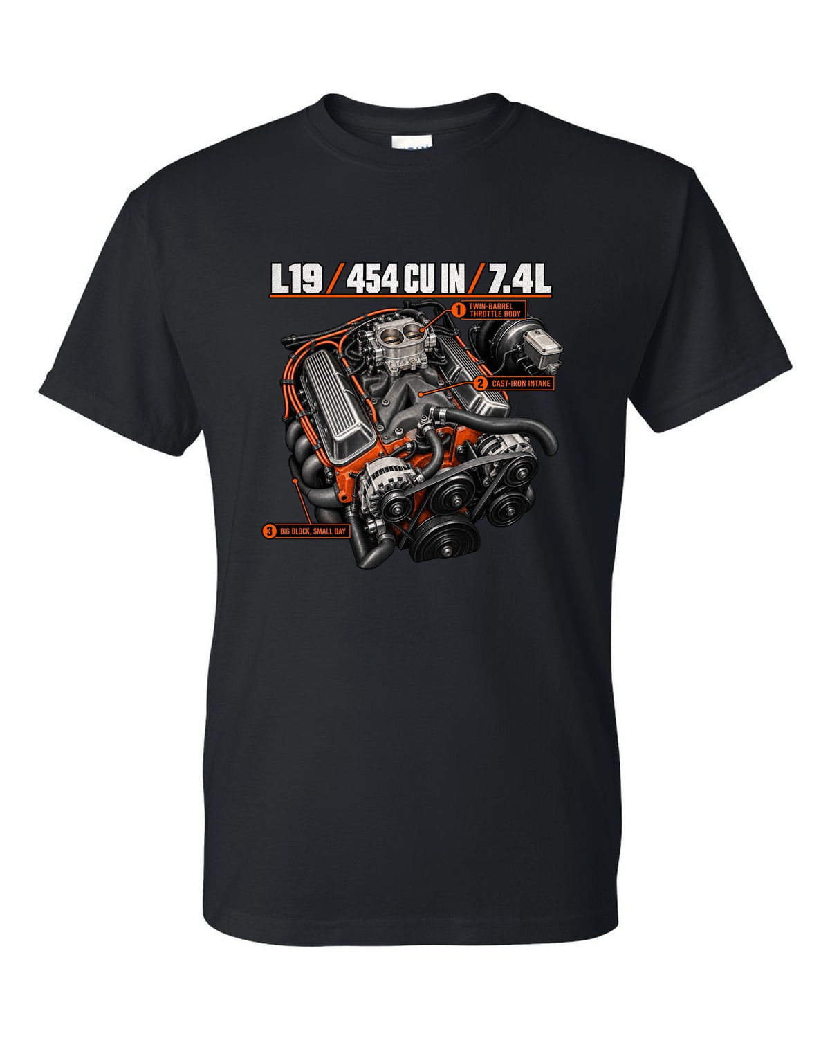 Chevy 454 SS L19 big-block engine diagram print black t-shirt front view with the design