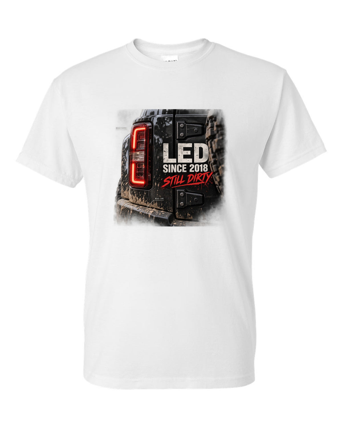 Jeep Wrangler JL LED taillight macro with mud line print white t-shirt front view with the design