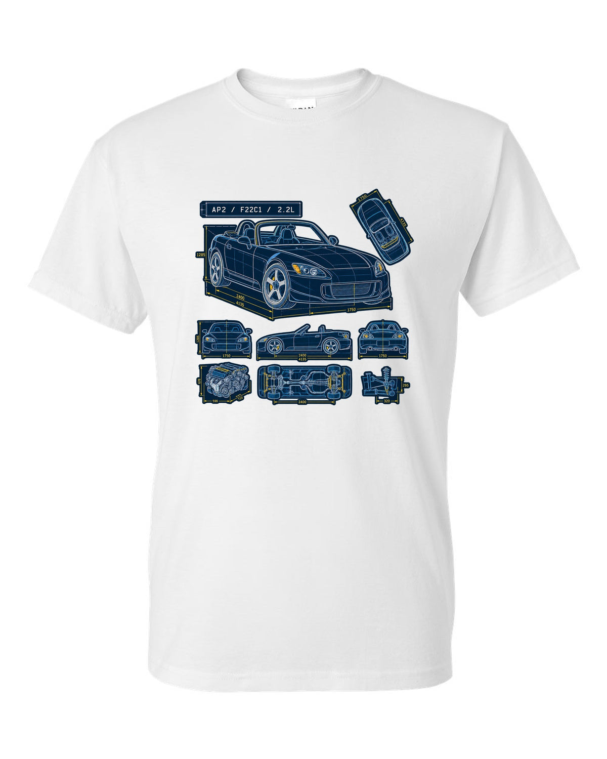 Neon synthwave sunset print of a Honda S2000 AP2 with 8,200 RPM not 9,000 text white t-shirt front view with the design