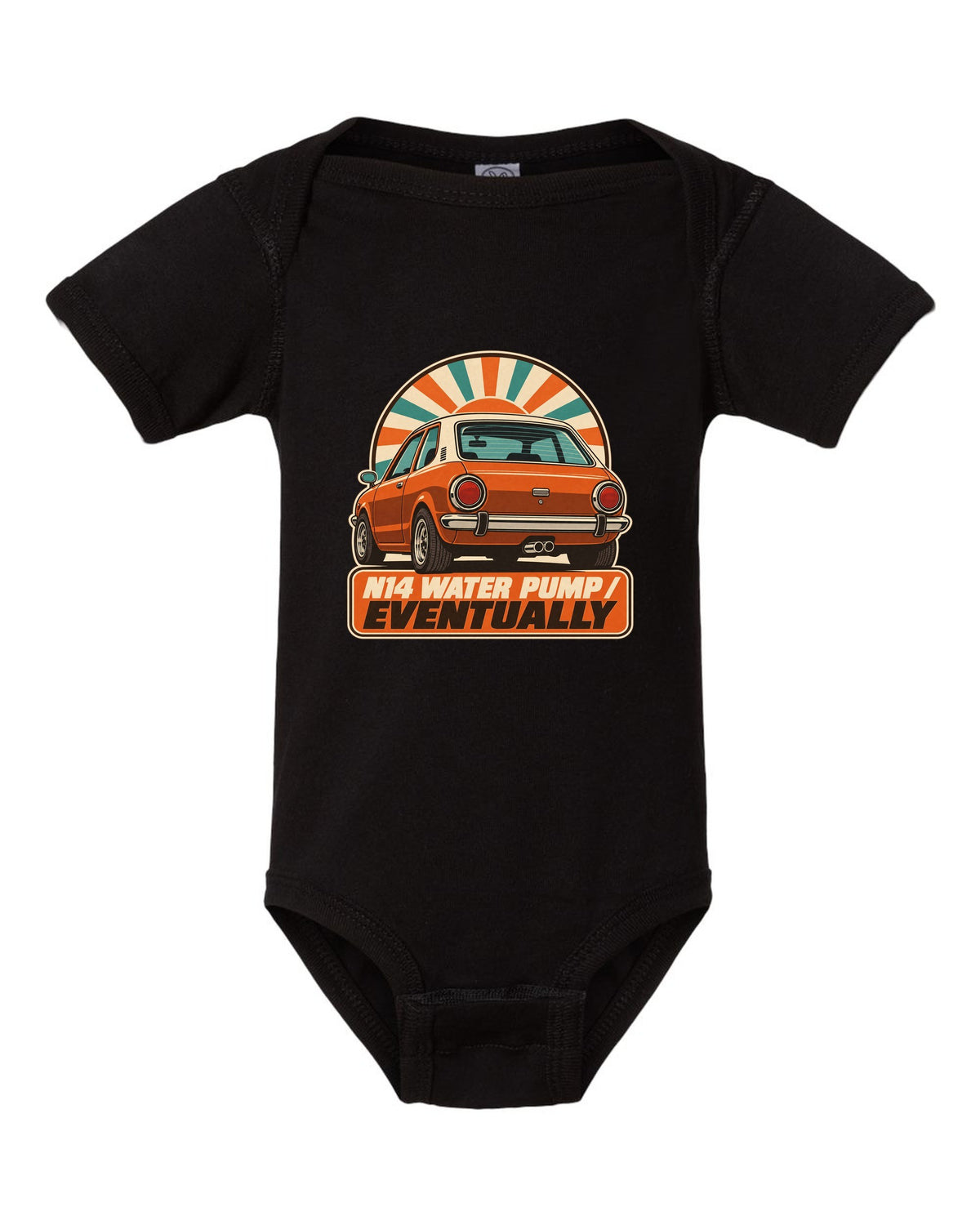 1970s catalogue-style ad of a Mini Cooper S R56 with N14 water pump text black baby onesie front view with the design