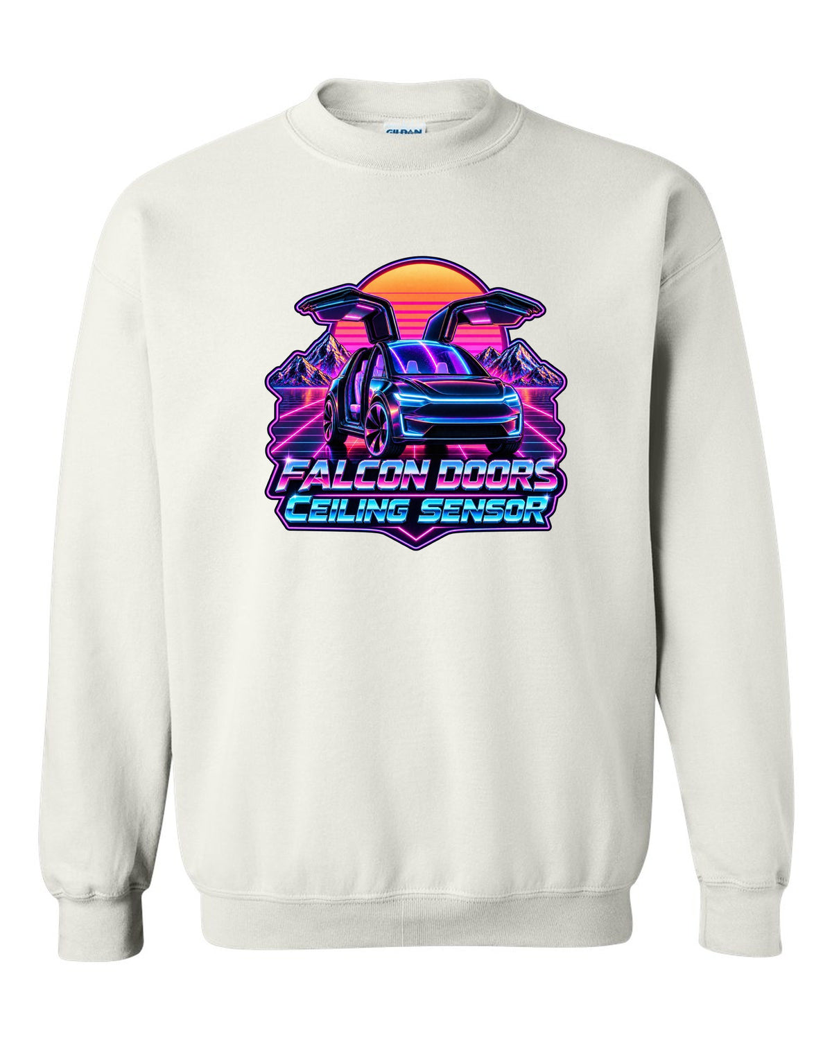 Synthwave outrun print of a Tesla Model X with falcon doors reading Falcon Doors Ceiling Sensor white crewneck front view with the design