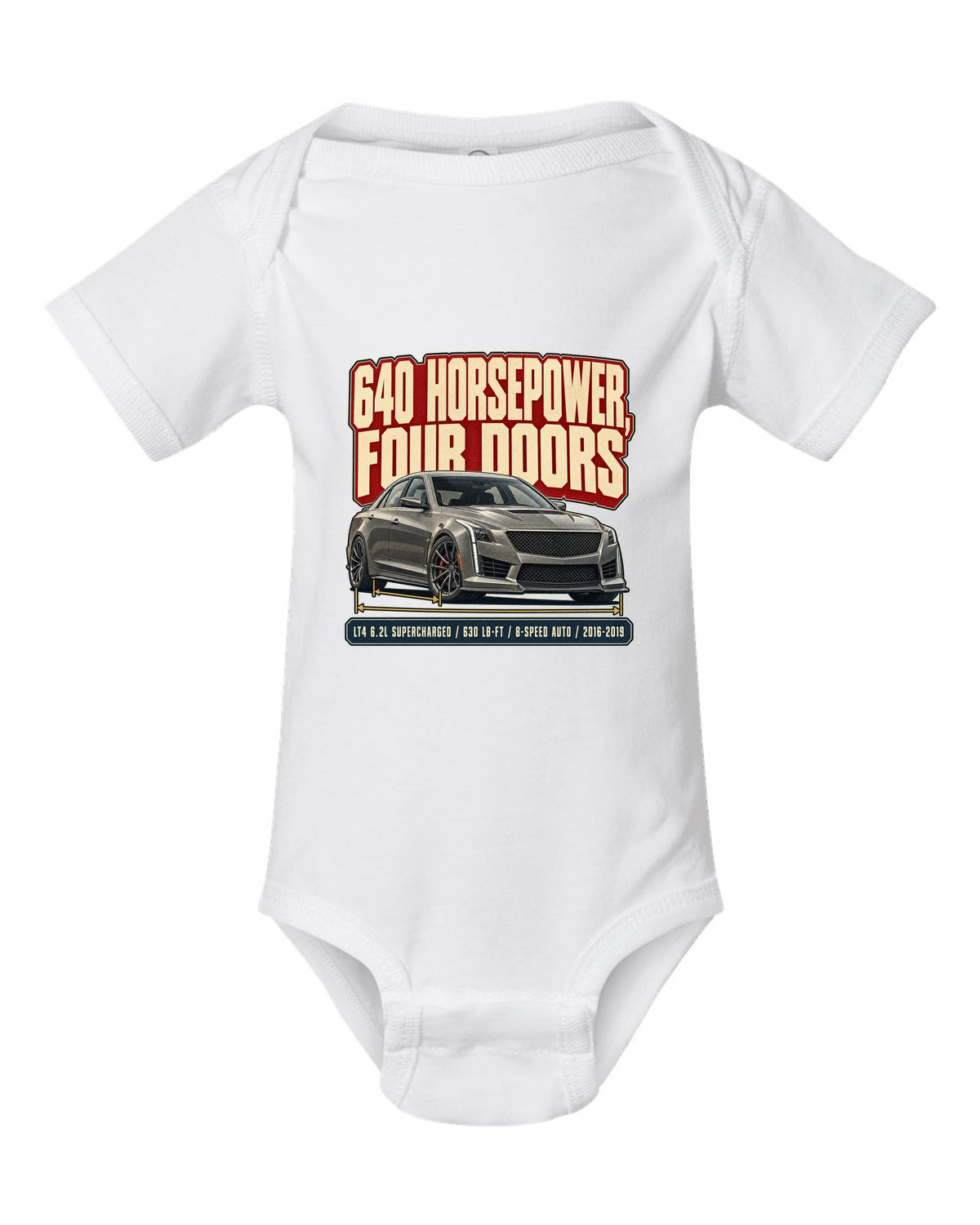 Editorial headline print for a 2016-19 third generation Cadillac CTS-V white baby onesie front view with the design