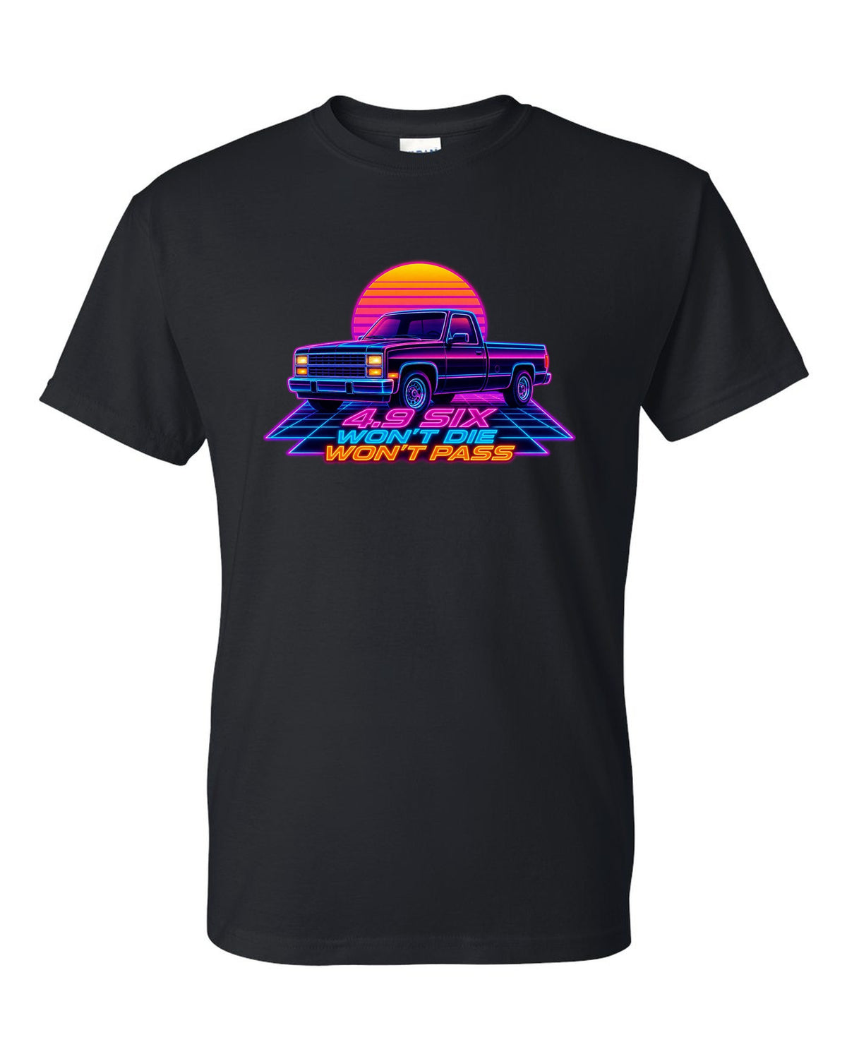 Synthwave neon art of a 1987-91 Ford F-150 Brick-Nose in drive-in rain with 4.9 SIX lettering black t-shirt front view with the design