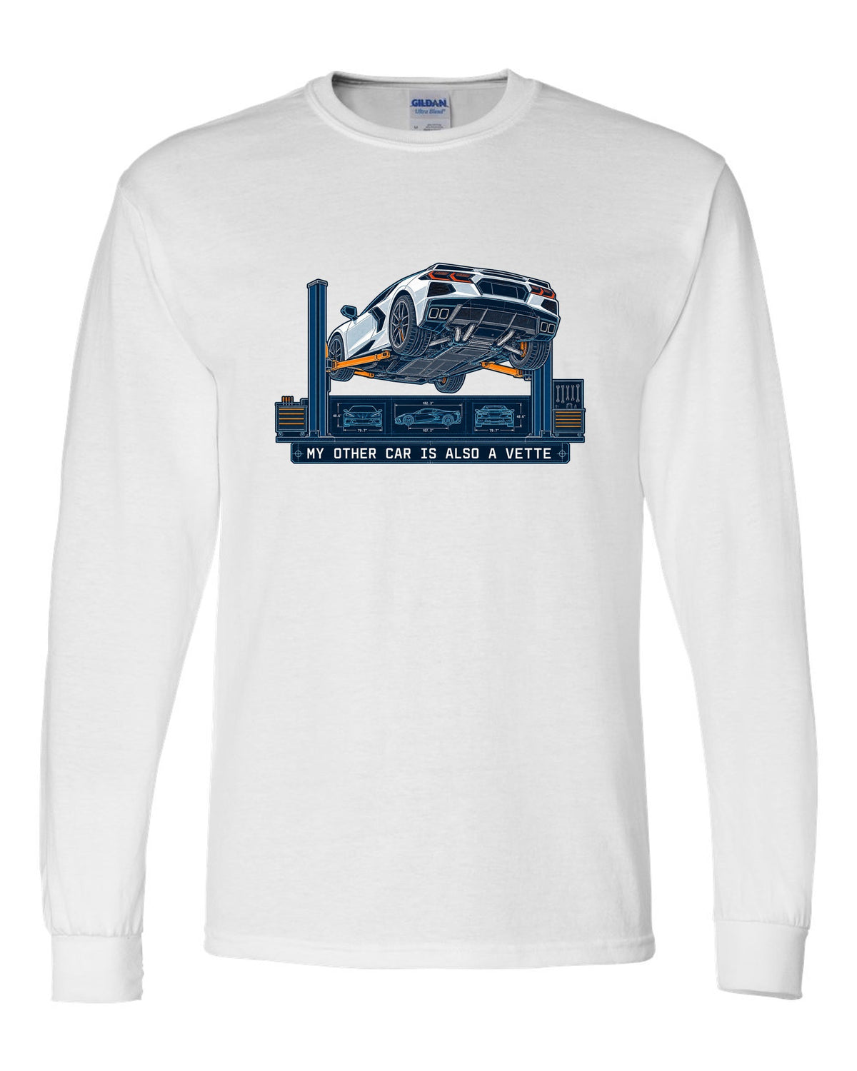 Blueprint line art of a 2020 Chevrolet Corvette C8 Stingray on a workshop lift white long sleeve front view with the design