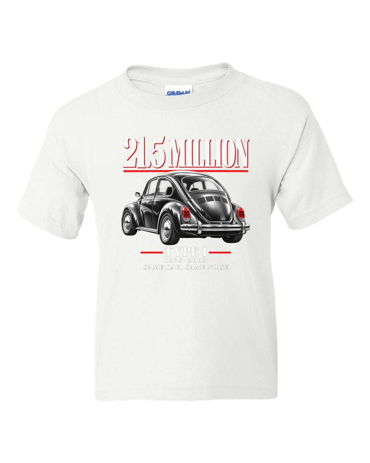 Editorial print of a VW Beetle Type 1 1303 Super Beetle three-quarter rear white kids tee front view with the design