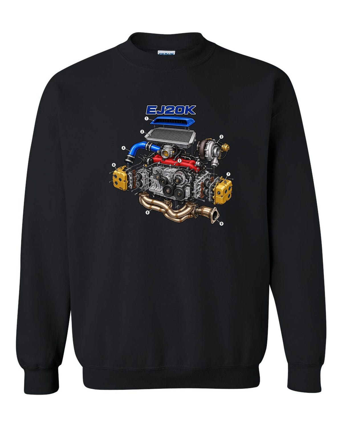 Subaru Impreza WRX GC8 EJ20K boxer engine in an exploded cutaway diagram black crewneck front view with the design
