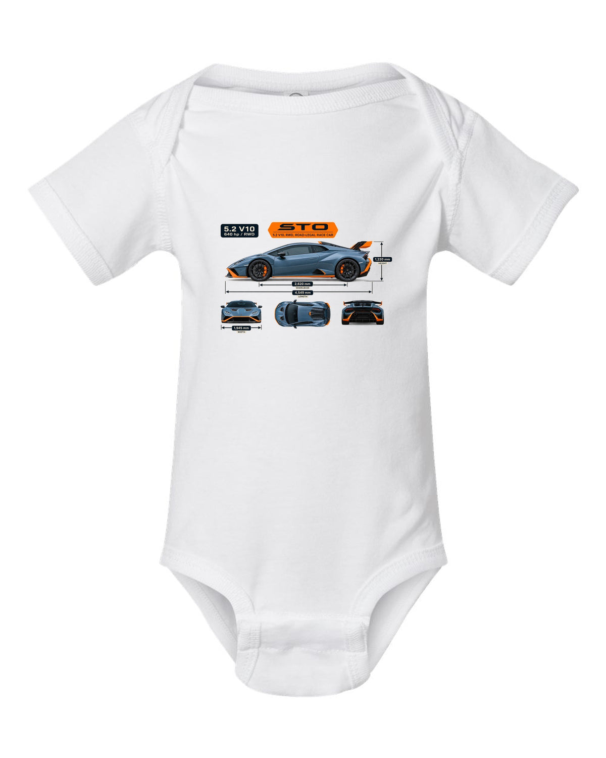 Dimension blueprint print of the Lamborghini Huracan STO white baby onesie front view with the design