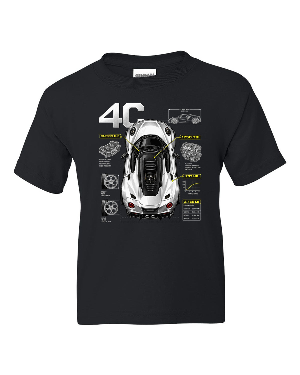 Overhead spec poster print of an Alfa Romeo 4C with carbon tub and 237 HP text black kids tee front view with the design