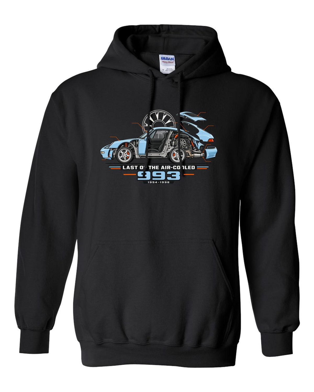Architectural cutaway drawing of a Porsche 911 993 on a shirt back black pull over hoodie front view with the design