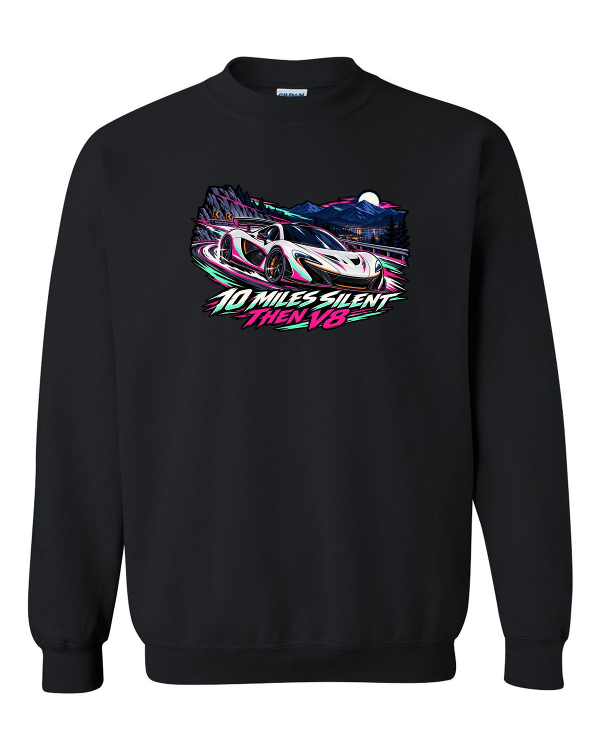 Cel-shaded anime night touge print of a McLaren P1 with 10 Miles Silent Then V8 lettering black crewneck front view with the design