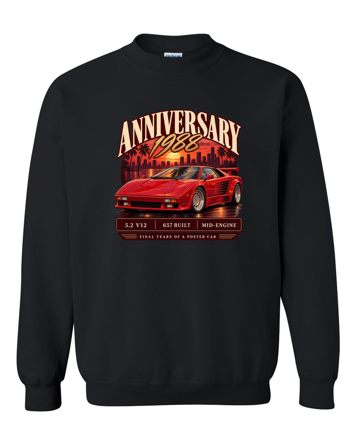 Archive panel print of a Lamborghini Countach 25th Anniversary with 657 built text black crewneck front view with the design