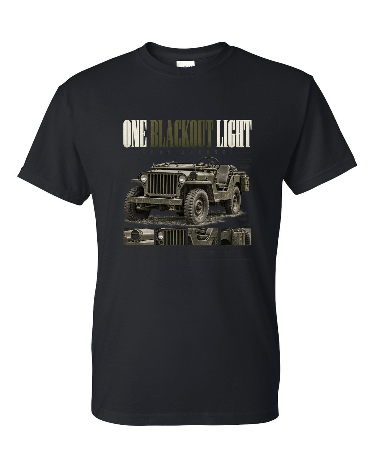 Editorial headline print for the Willys MB blackout light, 1941-1945 black t-shirt front view with the design