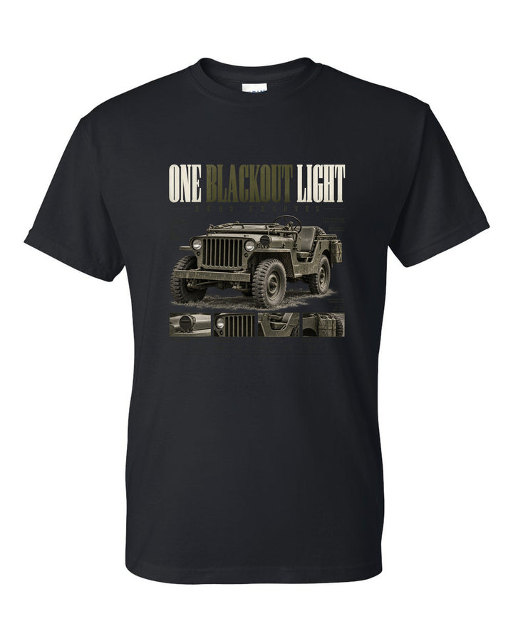 Editorial headline print for the Willys MB blackout light, 1941-1945 black t-shirt front view with the design