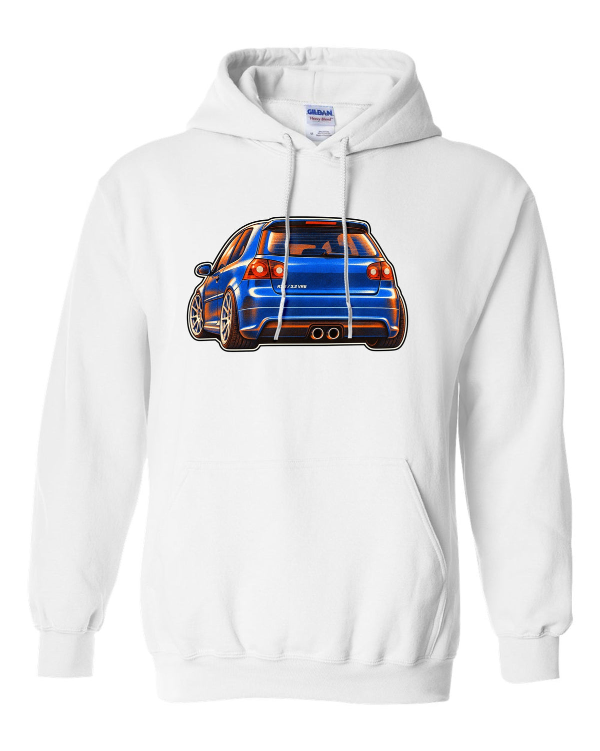 Risograph style print of a VW Golf R32 Mk5 with twin exhaust pipes and 3.2 VR6 text white pull over hoodie front view with the design