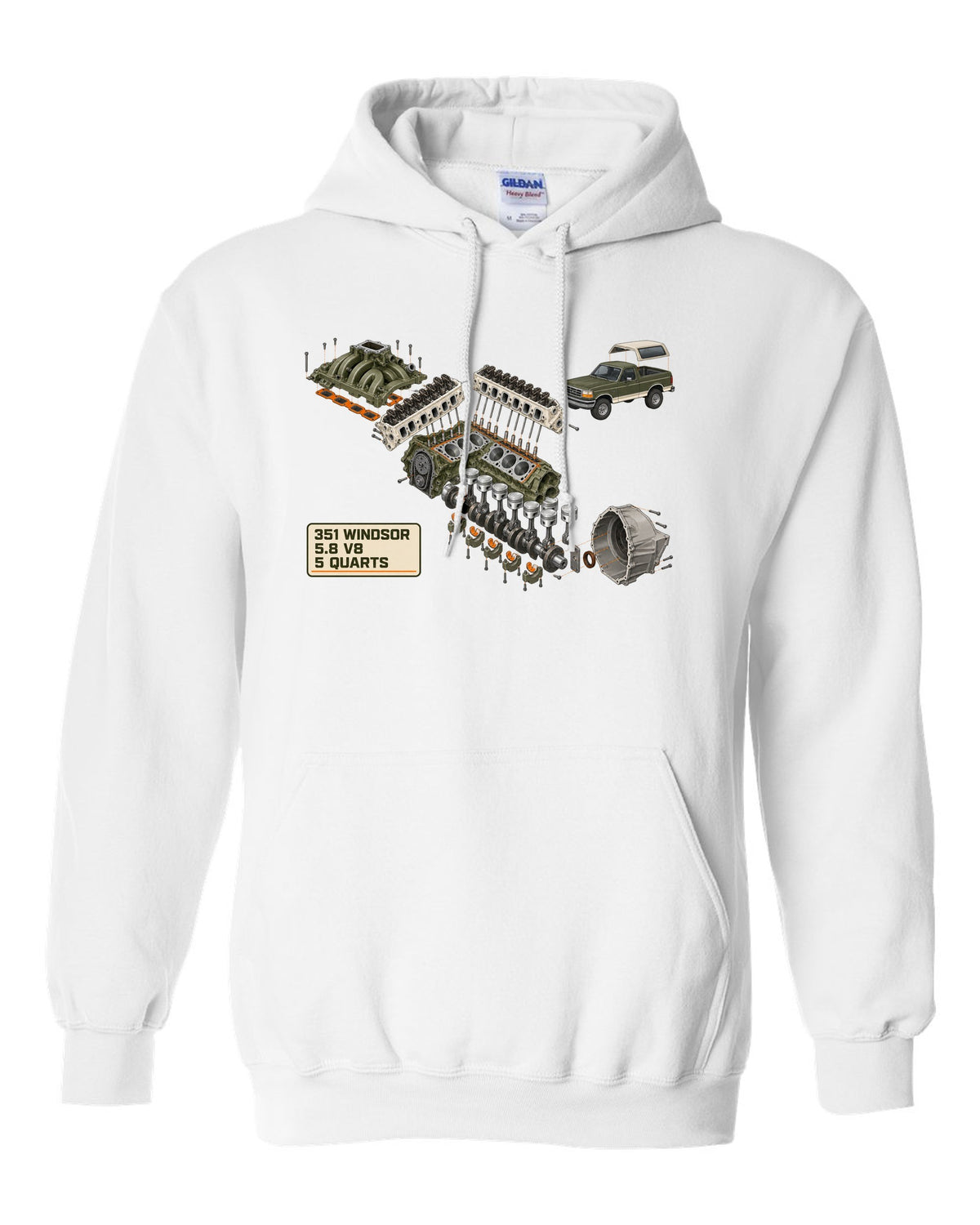 Exploded cutaway diagram of a 1992-96 Ford Bronco OBS engine bay with 351 WINDSOR 5.8 V8 notes white pull over hoodie front view with the design