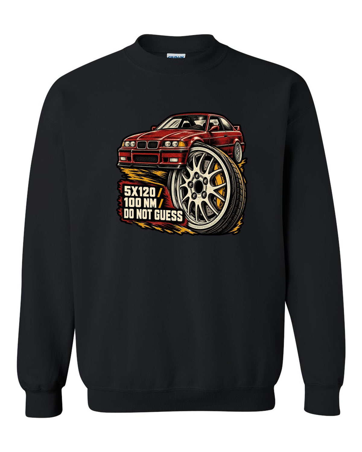 Linocut woodcut lug nut design for a BMW E36 M3 coupe with 5x120 and 100 Nm text black crewneck front view with the design