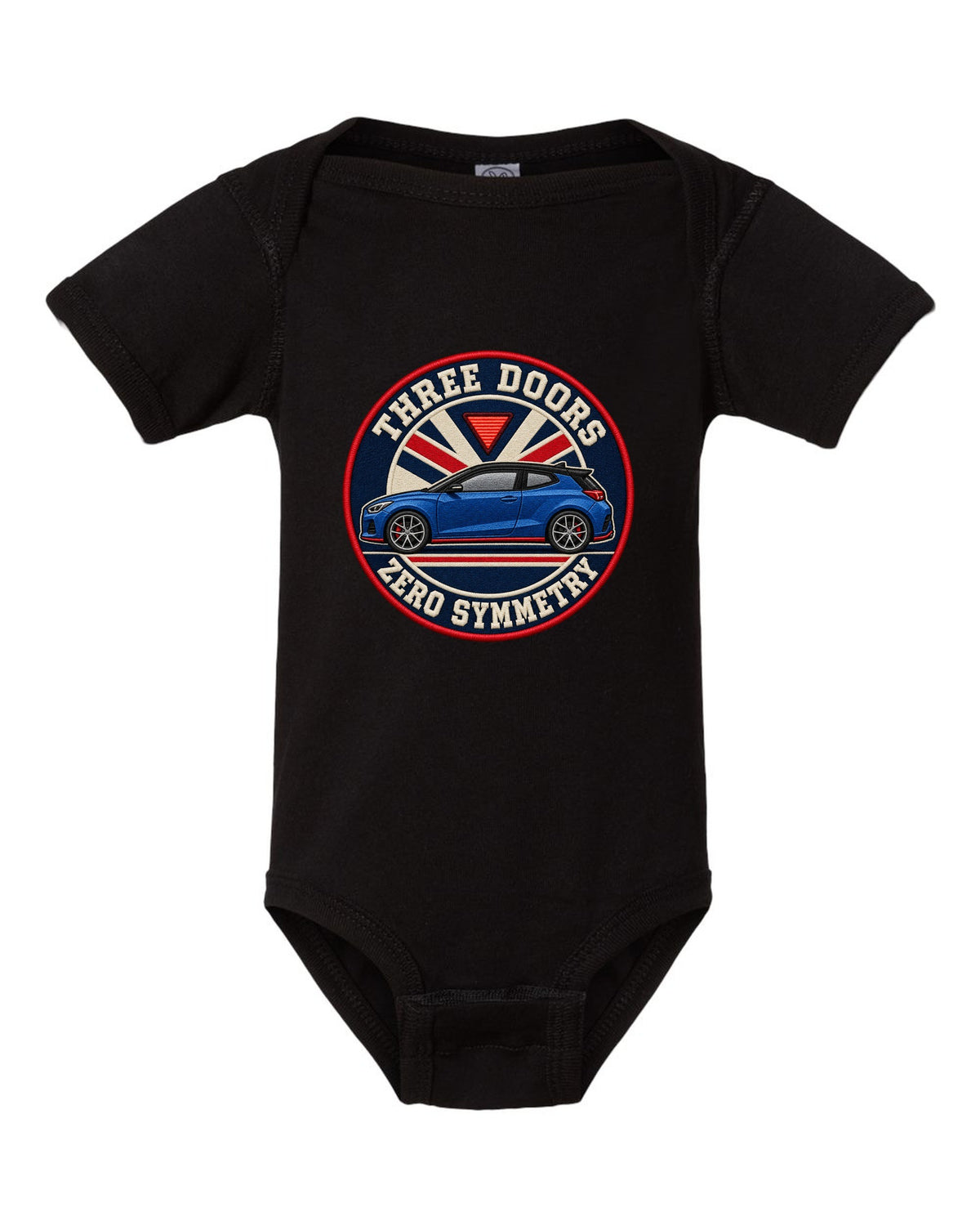 Embroidery varsity crest print for a Hyundai Veloster N JS with three doors zero symmetry text black baby onesie front view with the design