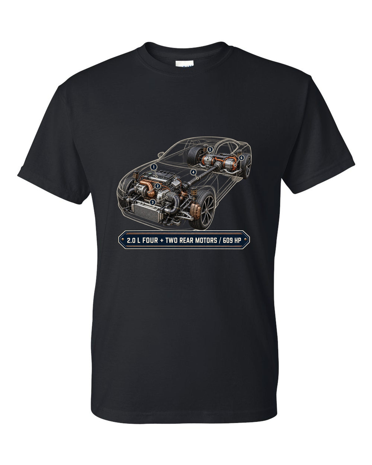 Polestar 1 hybrid drivetrain illustration, engine hero print black t-shirt front view with the design