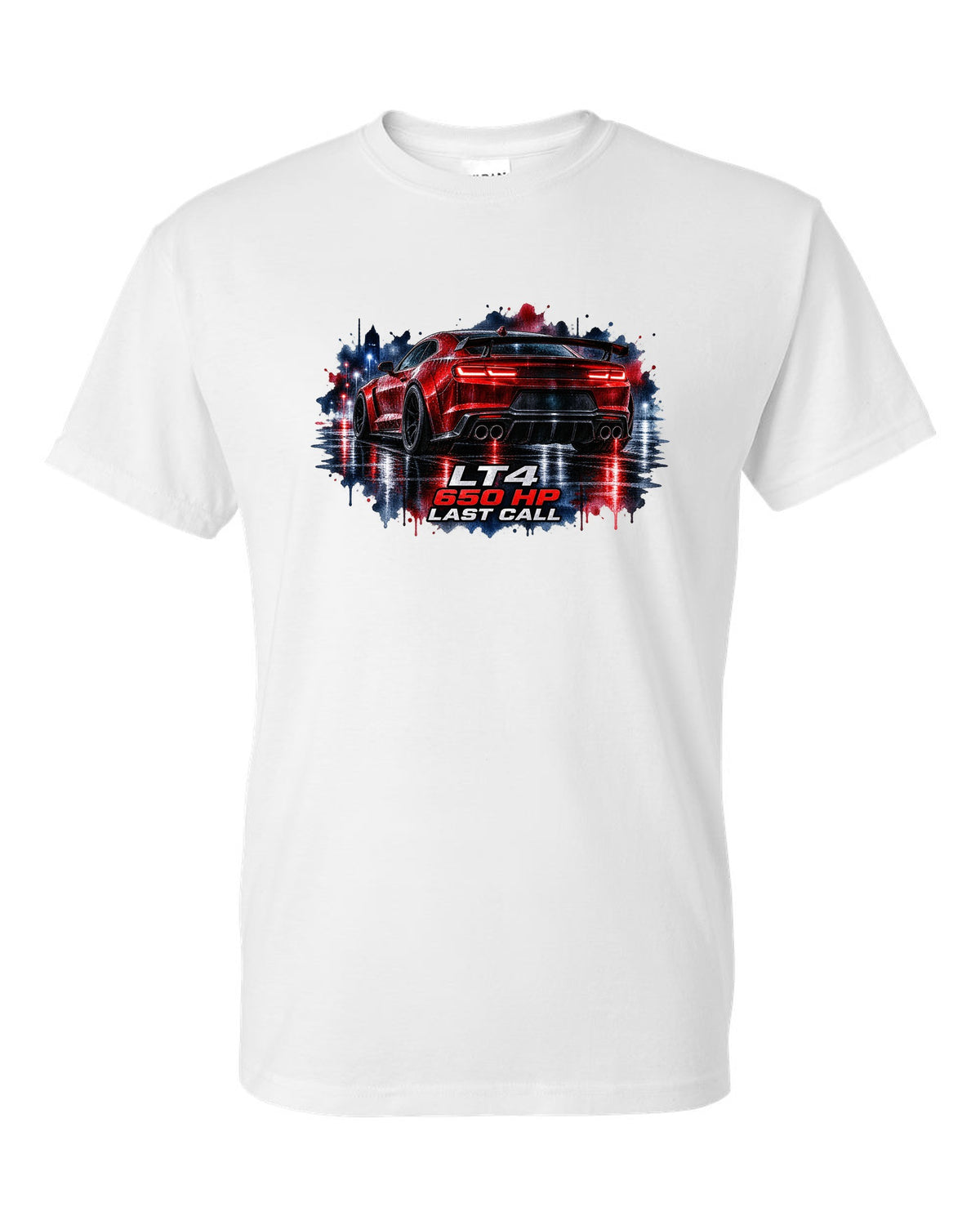 2023 Camaro ZL1 on a wet night road in watercolour style with LT4 650 HP Last Call text white t-shirt front view with the design