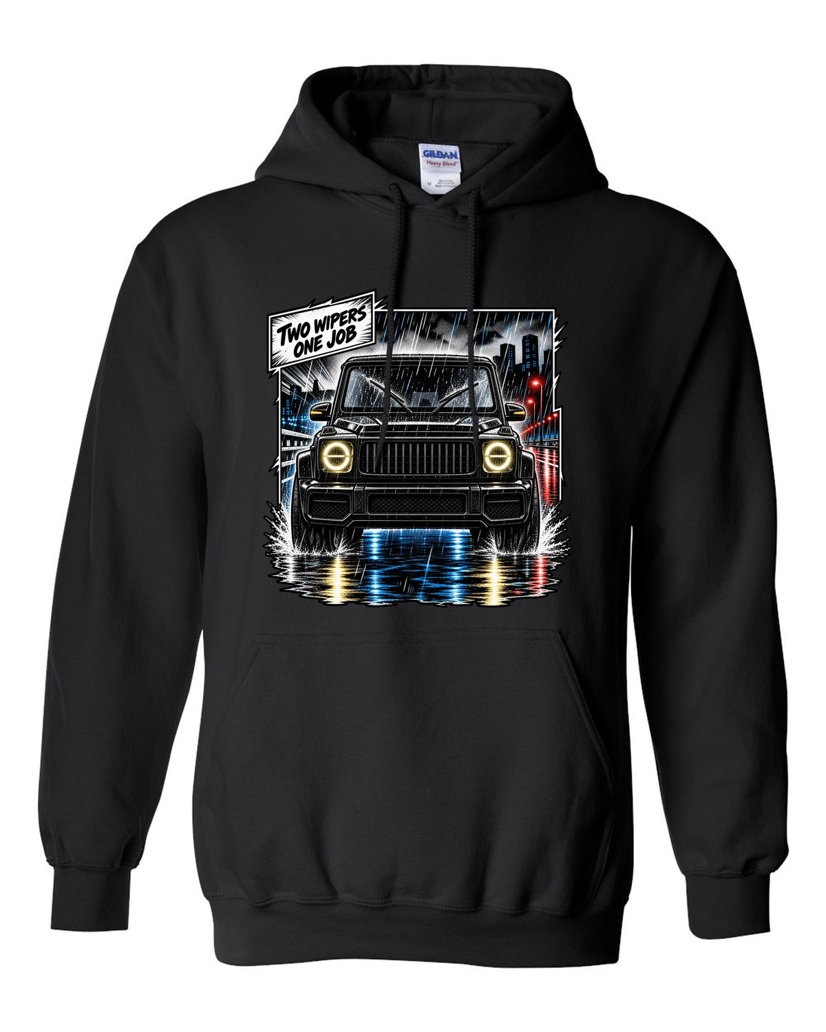 Round enamel-pin style crest graphic reading W463 3 Lockers 4x4 for the Mercedes G-Class, print black pull over hoodie front view with the design