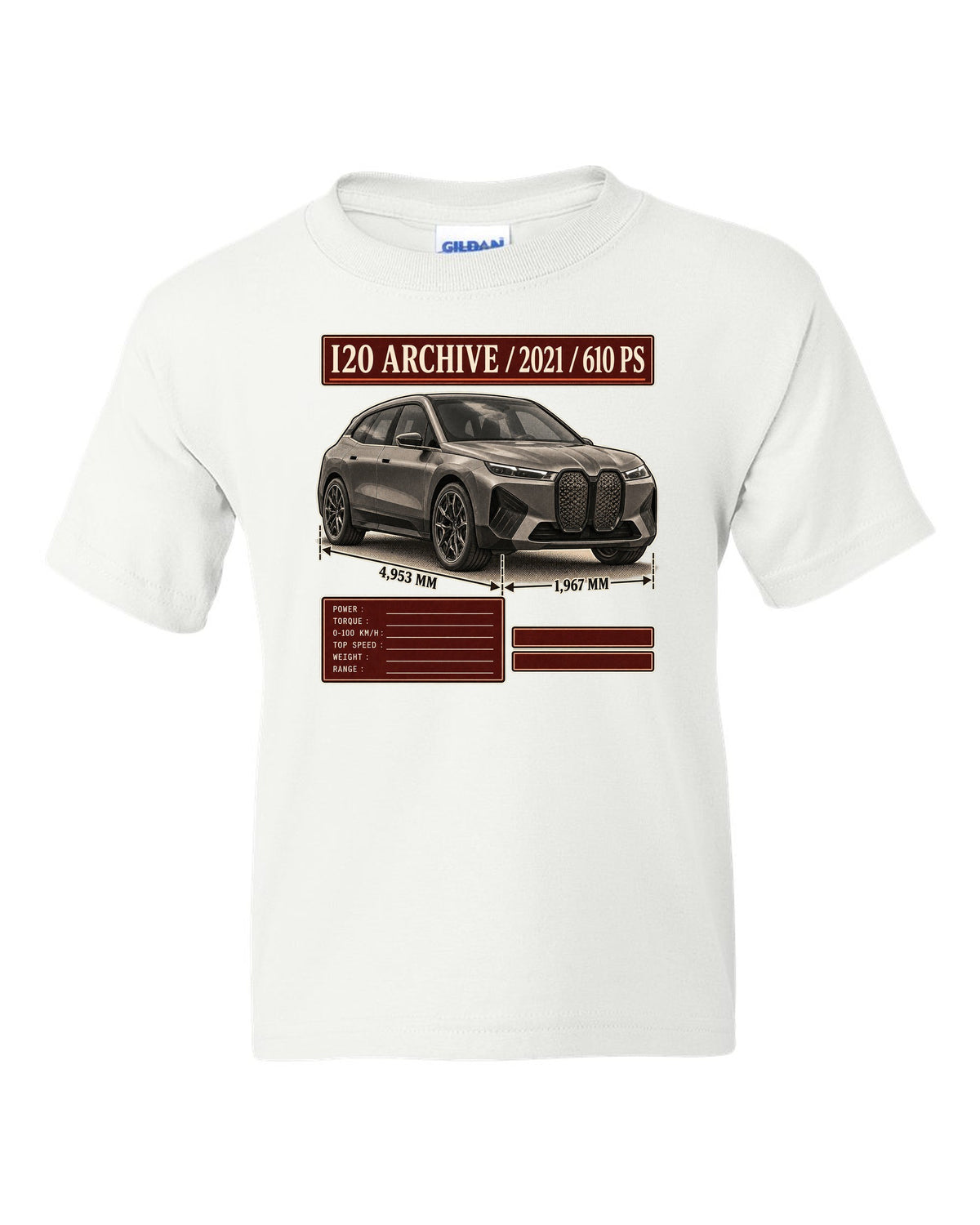 Archive panel print of the BMW iX M60 I20 with 2021 and 610 PS white kids tee front view with the design