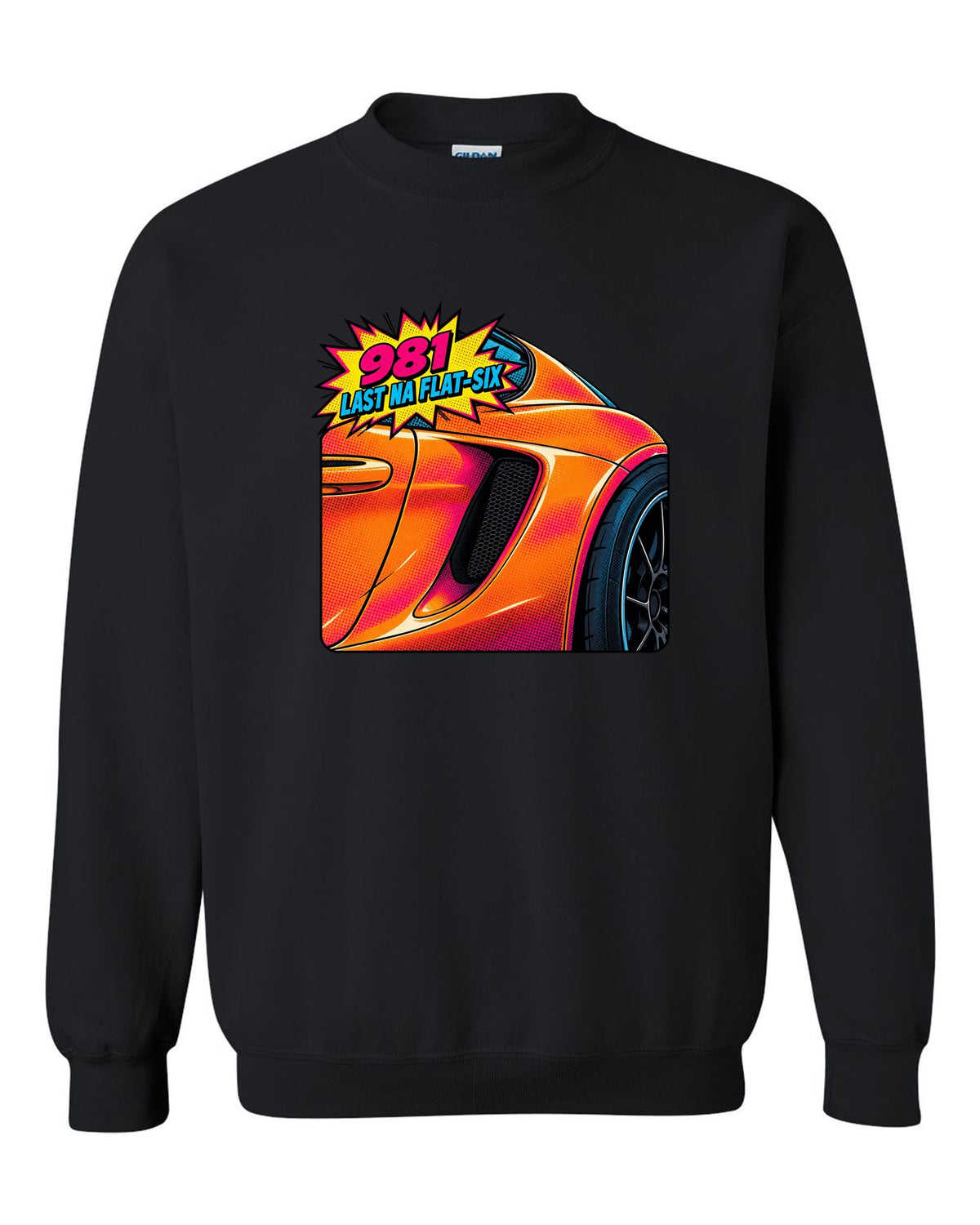 Pop-art halftone print of a Porsche 981 Cayman GTS intake with the text 981, last NA flat-six black crewneck front view with the design
