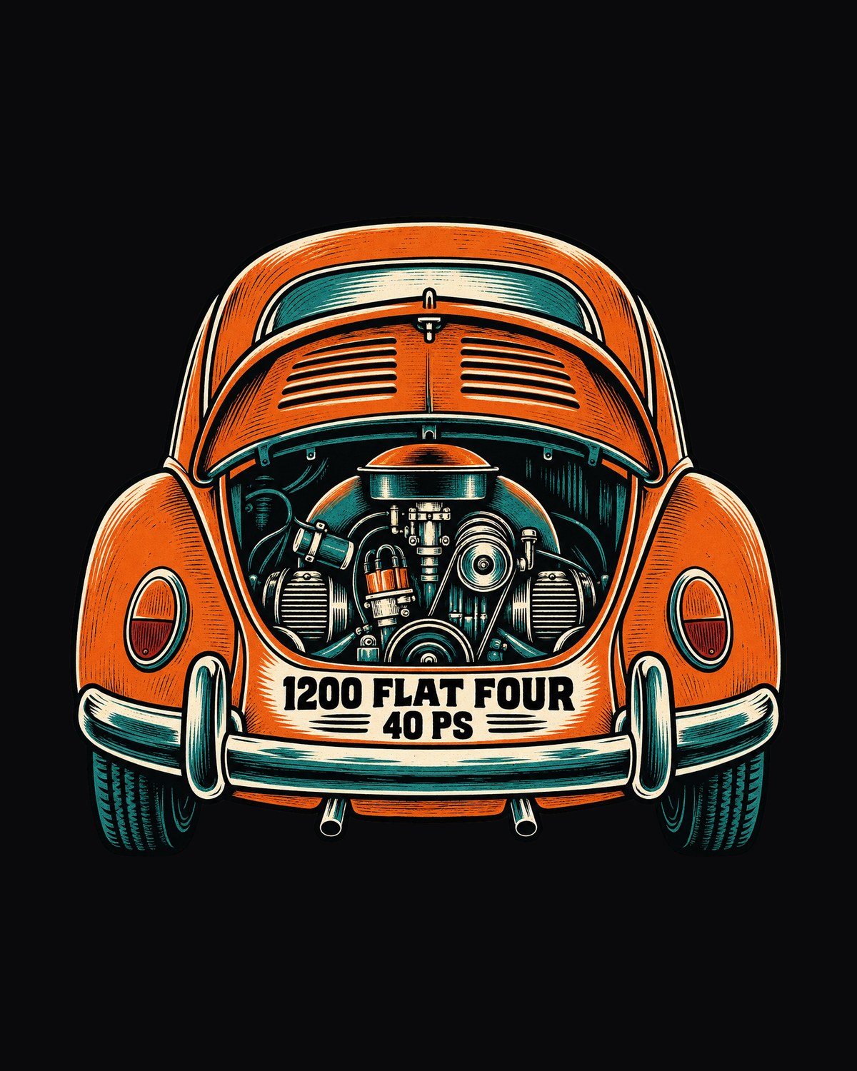 Beetle Type 1 Linocut Flat Four Shirt, 1200 Engine 40 PS design only